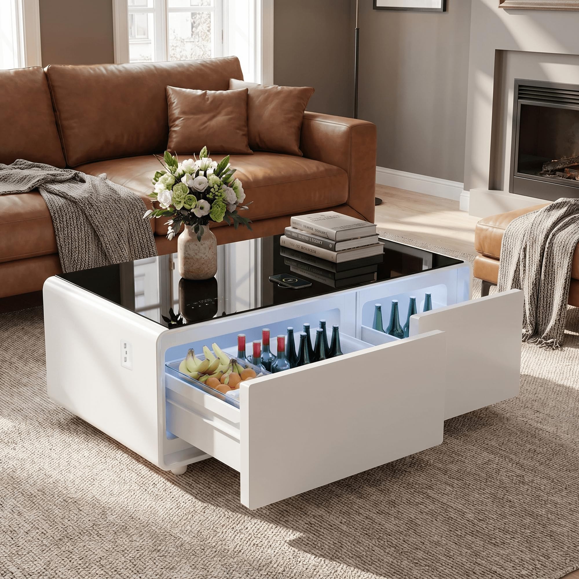 LIVTAB Smart Coffee Table, 23" D x 41.5" W x 18.2" H, Living Room Table with Built in Fridge and Speakers, Smart Table with 15W Wireless Charging, USB Chargers (White)