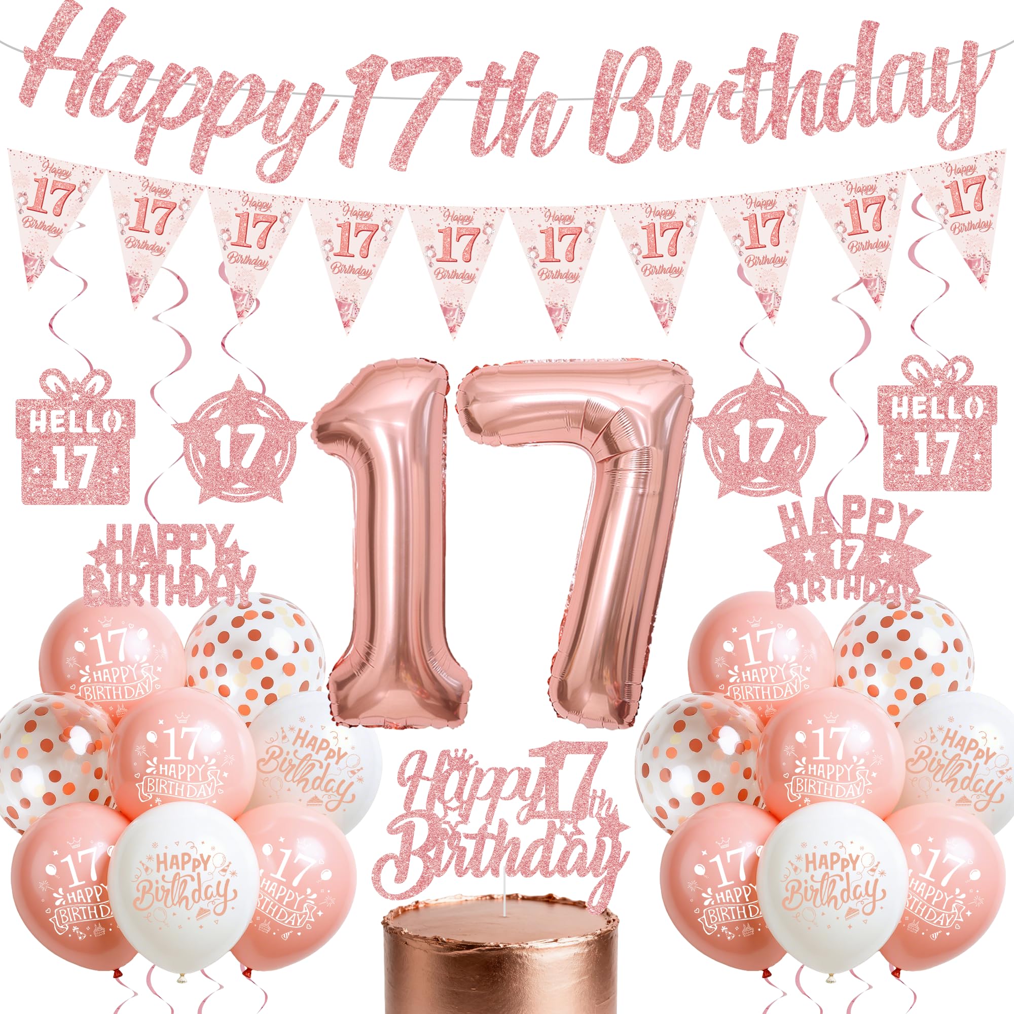 17th Birthday Decorations for Girls, Rose Gold 17 Years Old Party Supplies