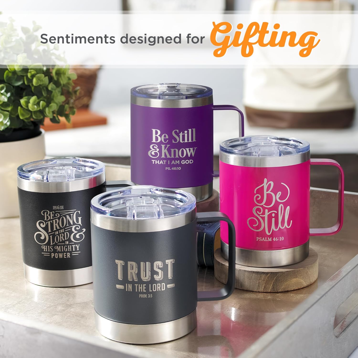 Christian Art Gifts Reusable Stainless Steel Double Wall Vacuum Insulated Camp Style Travel Mug w/Handle for Women: Be Still & Know Inspirational Bible Verse, BPA-free Retractable Lid, Purple, 11 oz. - Image 6