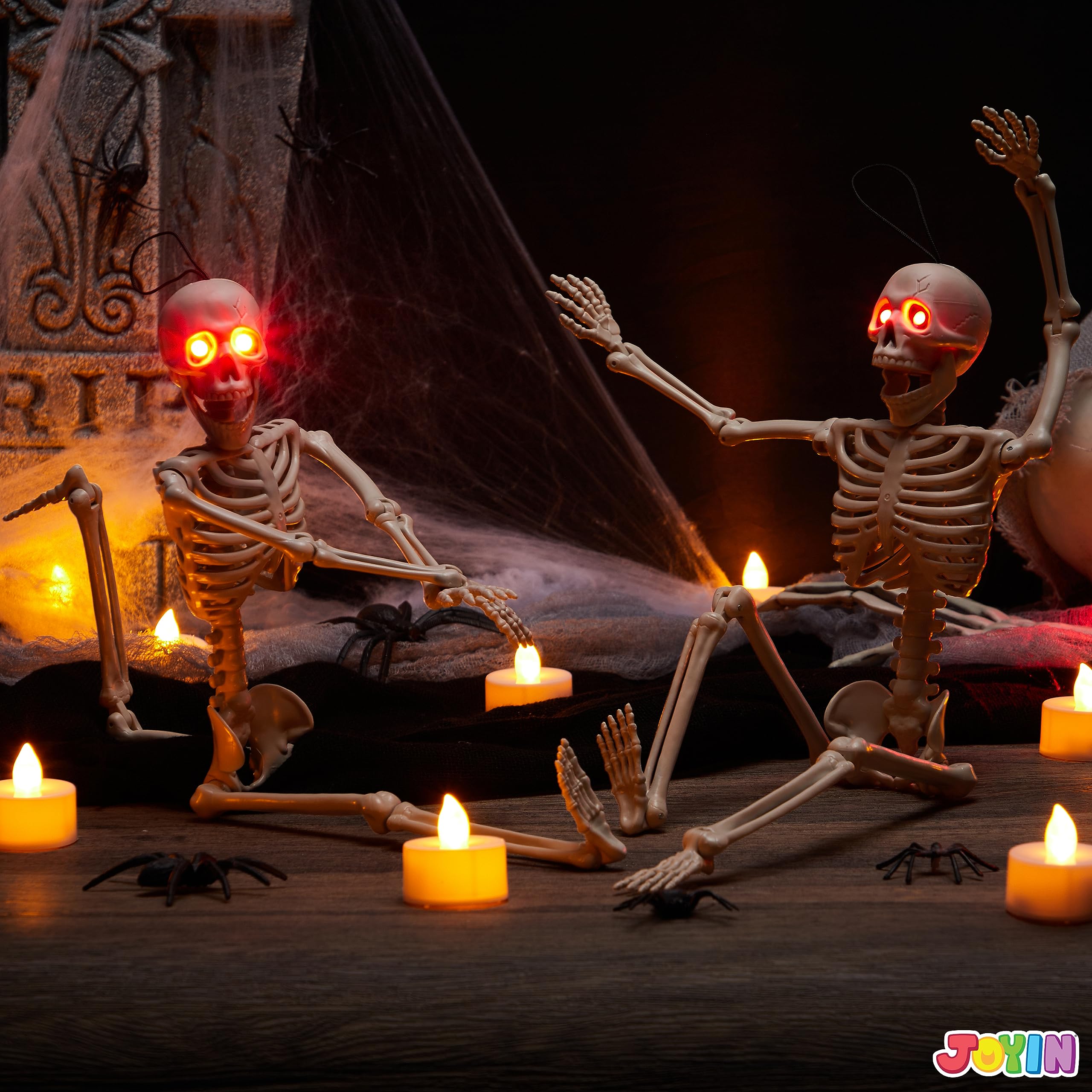 JOYIN 2 PCS 16â€? Halloween Skeletons Decoration Full Body Posable Hanging Skeletons with Red LED Light Eyes and Movable Joints for Indoor and Outdoor Decoration