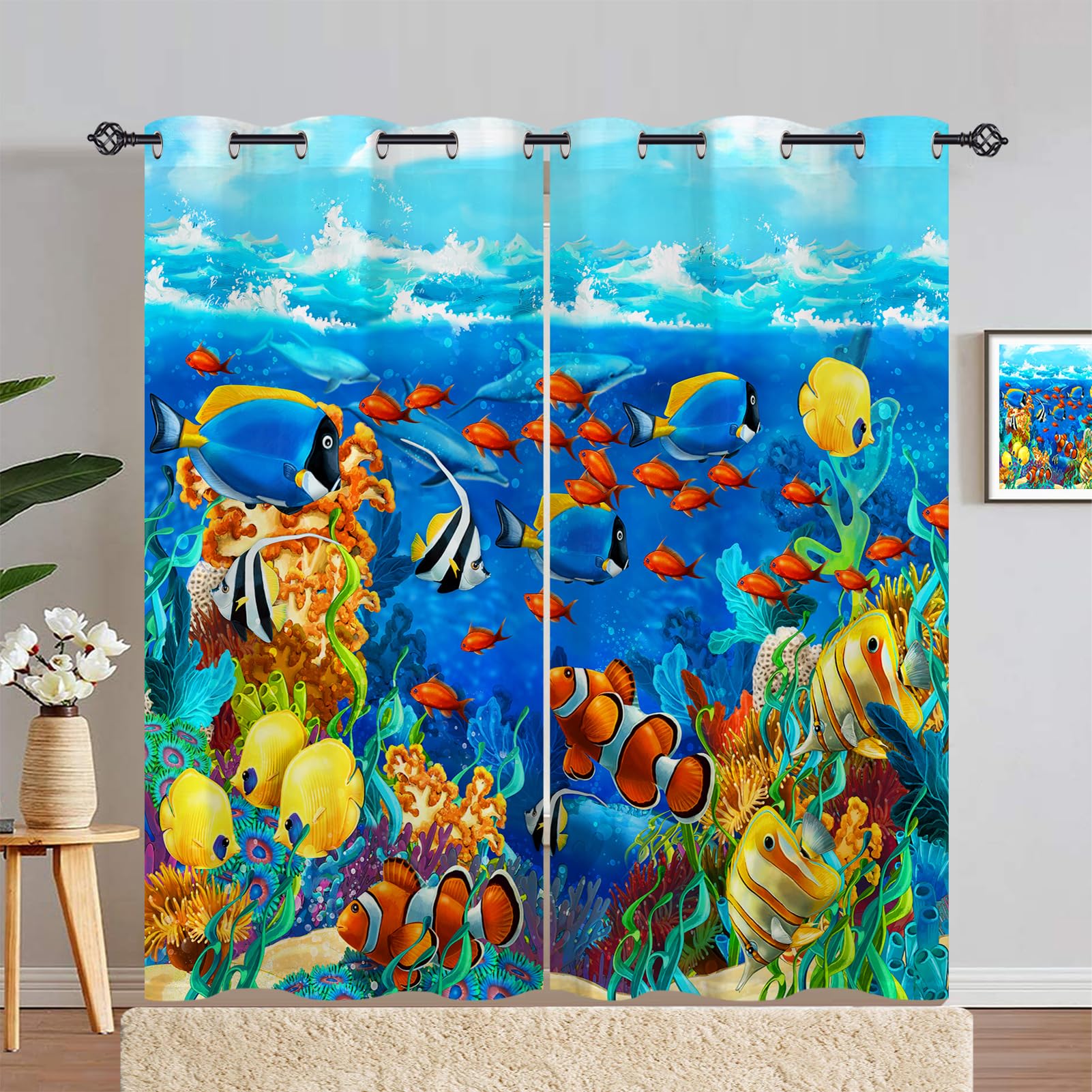 ANHOPE Underwater World Blackout Eyelet Curtains 2 Panels W 55" x L 72"