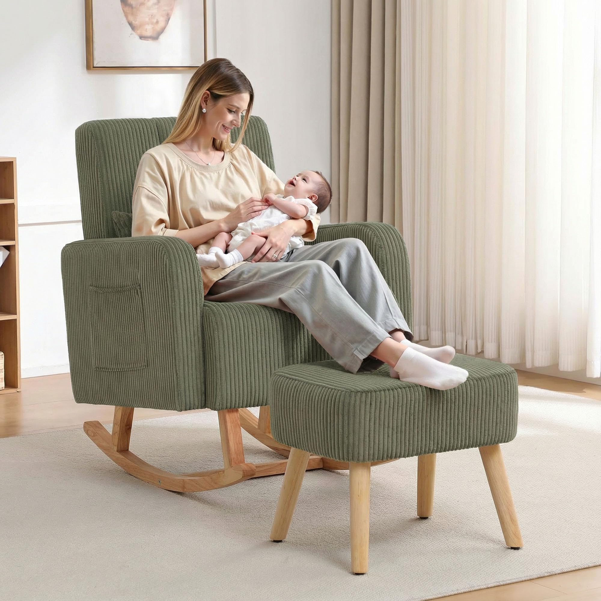 HCHAIRH Rocking Chair with Ottoman, Upholstered Glider Rocker with High Backrest and Side Pocket, Corduroy Comfy Reading Chair with Solid Wood Legs for Nursery, Living Room,Bedroom Olive Green