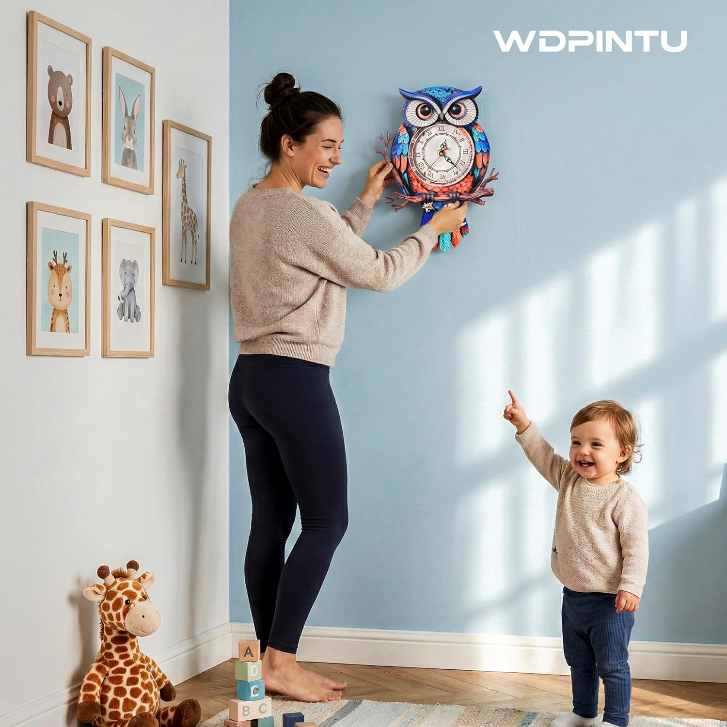 3D Wooden Owl Clock Puzzle – Colorful Deep Cobalt Blue and Red Design – DIY Model Kit for Teens & Adults (15+) – Unique Wall & Desk Clock with Roman Numerals – Gift-Ready Packaging