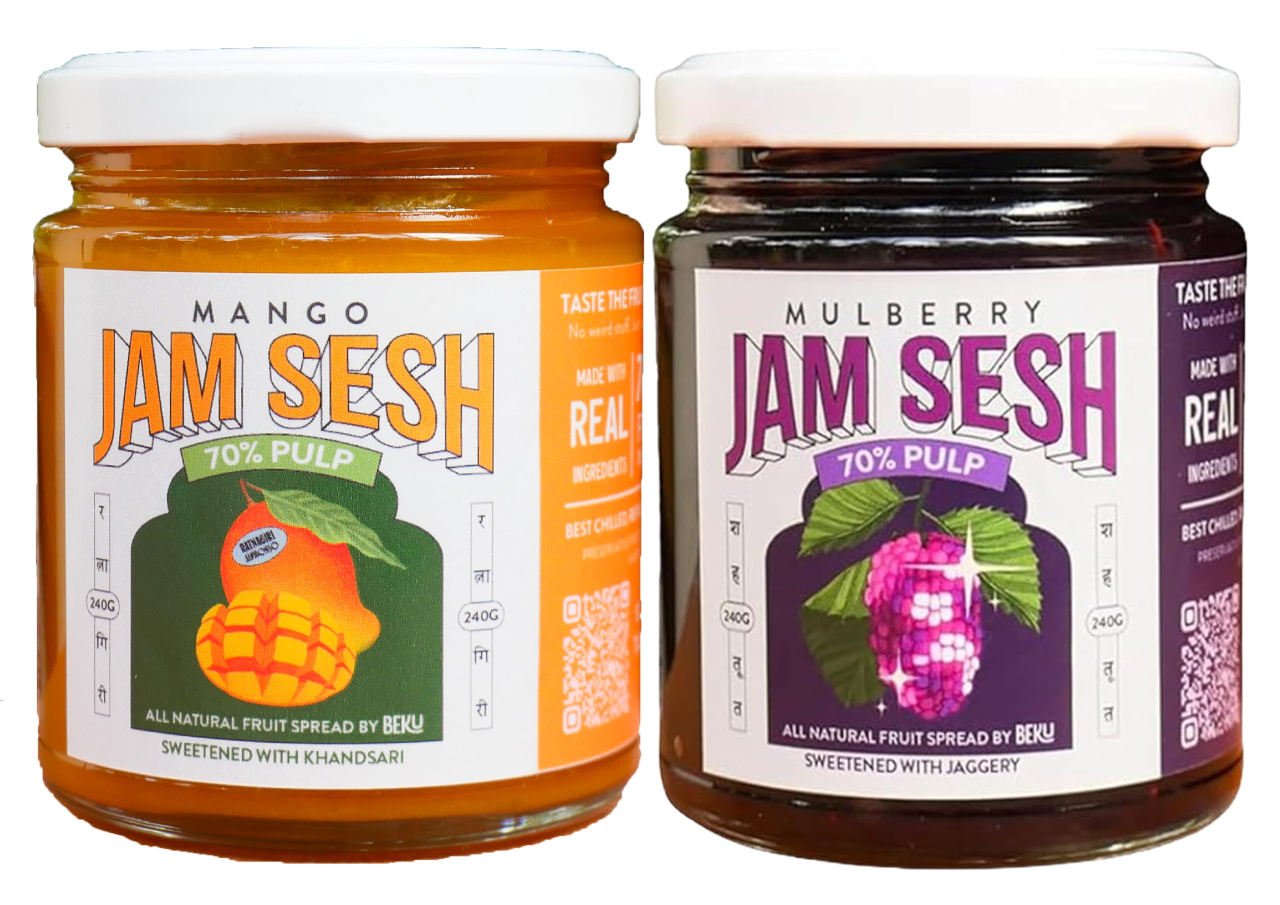 Fruit Spread Combo Pack (Mulberry & Alphonso Mango) 220g Each | Real Fruit Jams, Less Sugar | 70% Fruit Content | Beku (Pack of 2)-image-23