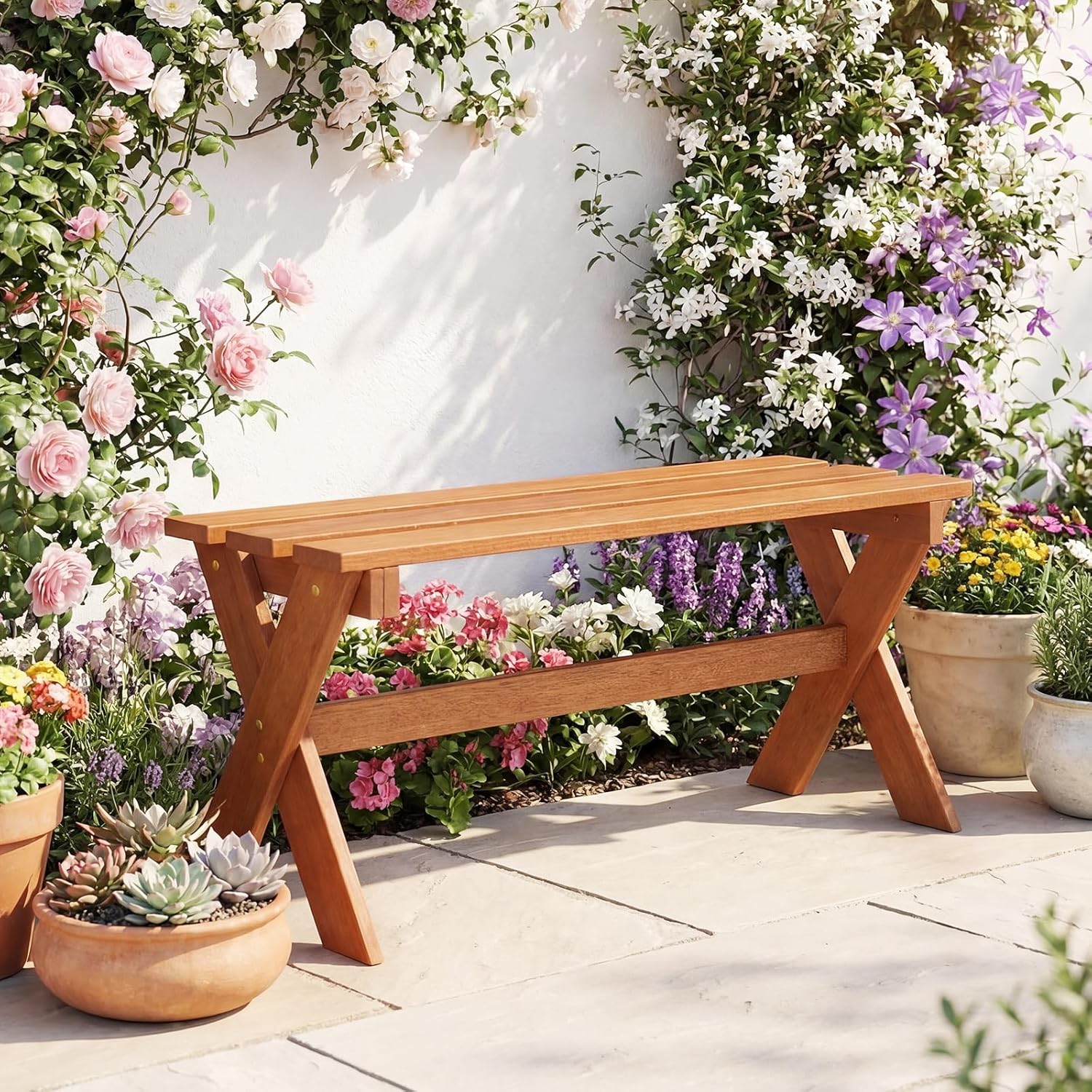 Tangkula Outdoor Wood Bench Backless, Patio Dining Bench with Teak Oil Finish & Slatted Seat, X-Shaped Frame, Farmhouse Wooden Bench Plant Stand, Outside Bench for Porch, Garden, Entryway (1)