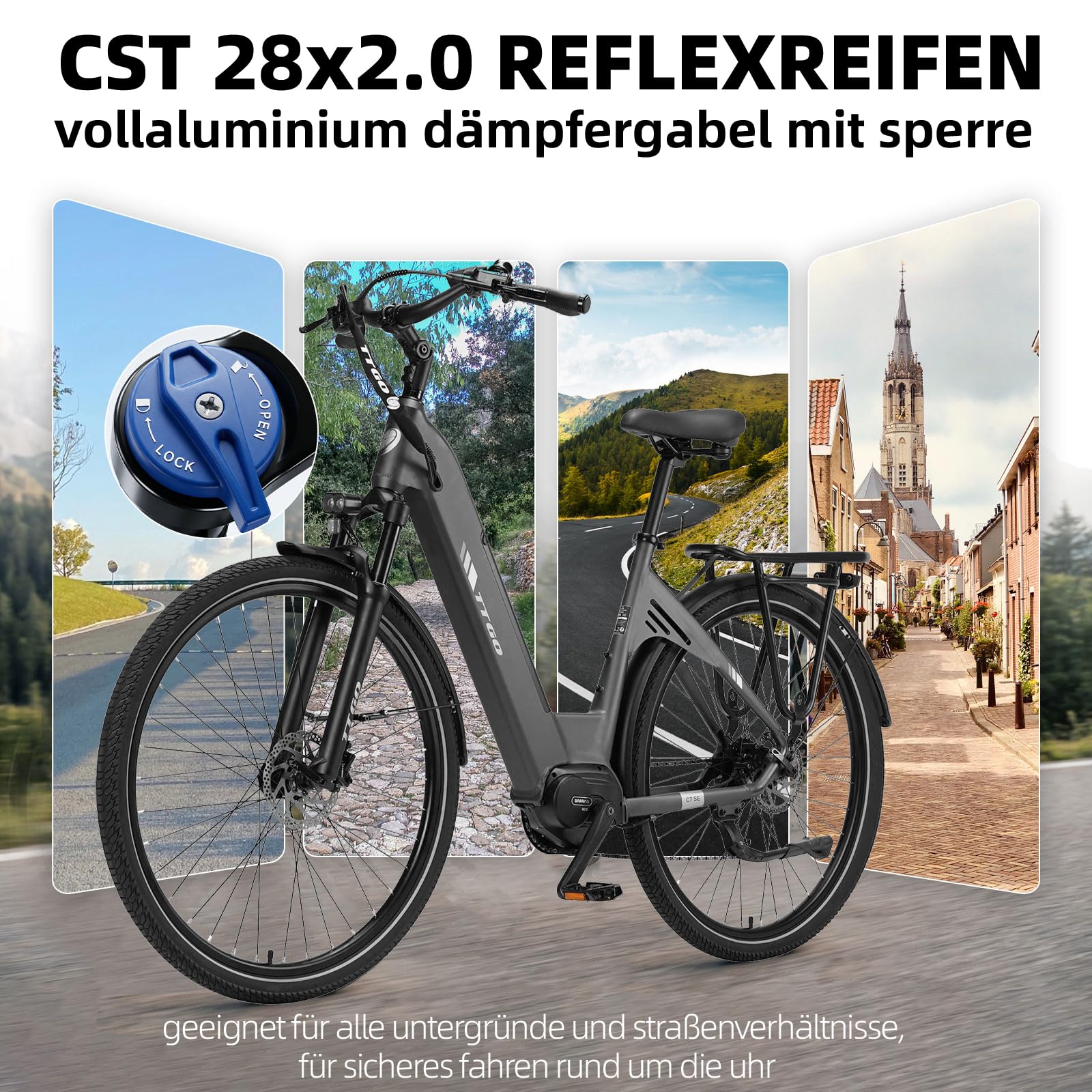ttgo C7 SE Vélo électrique 28" pour homme et femme avec moteur central de 250 W, batterie 36 V 18 Ah, 9 vitesses jusqu'à 25 km/h, portée de 130 à 150 km, freins à disque hydrauliques