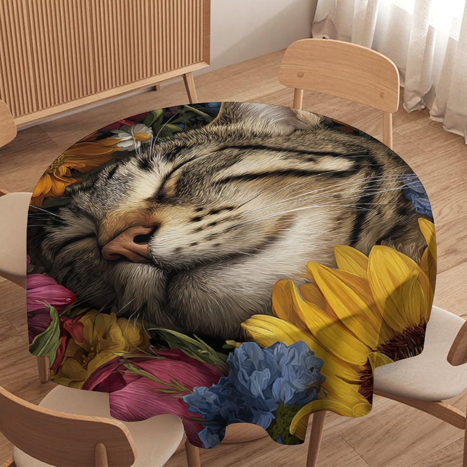 LUYYSKY Beautiful Realistic Animal Kitten Round Tablecloth Modern Natural Spring Cute Cat Plant Daisies Flowers Pattern Washable Decor for Table Cover for Kitchen-127 Wx127 L cm