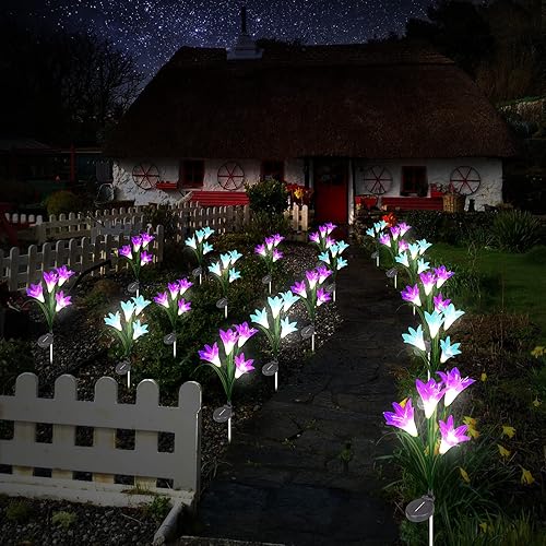 Miniatura 7 de BASIWEI Luces solares de jardín para exteriores paquete de 2 luces solares de jardín con 8 flores de lirio luces de hadas impermeables con energía