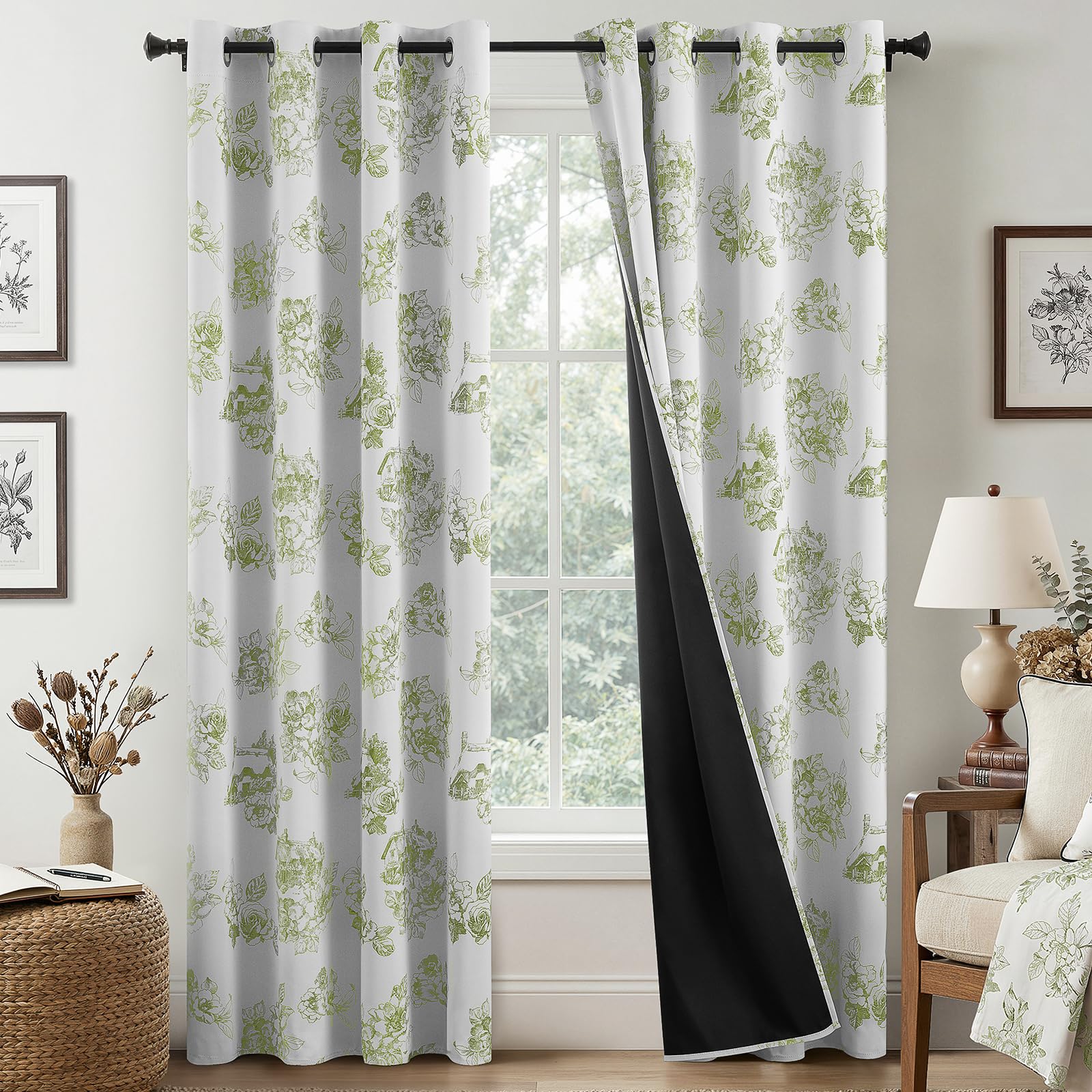 Yakamok Green Vintage Floral Blackout Curtains Farmhouse Grommet 84 Inches