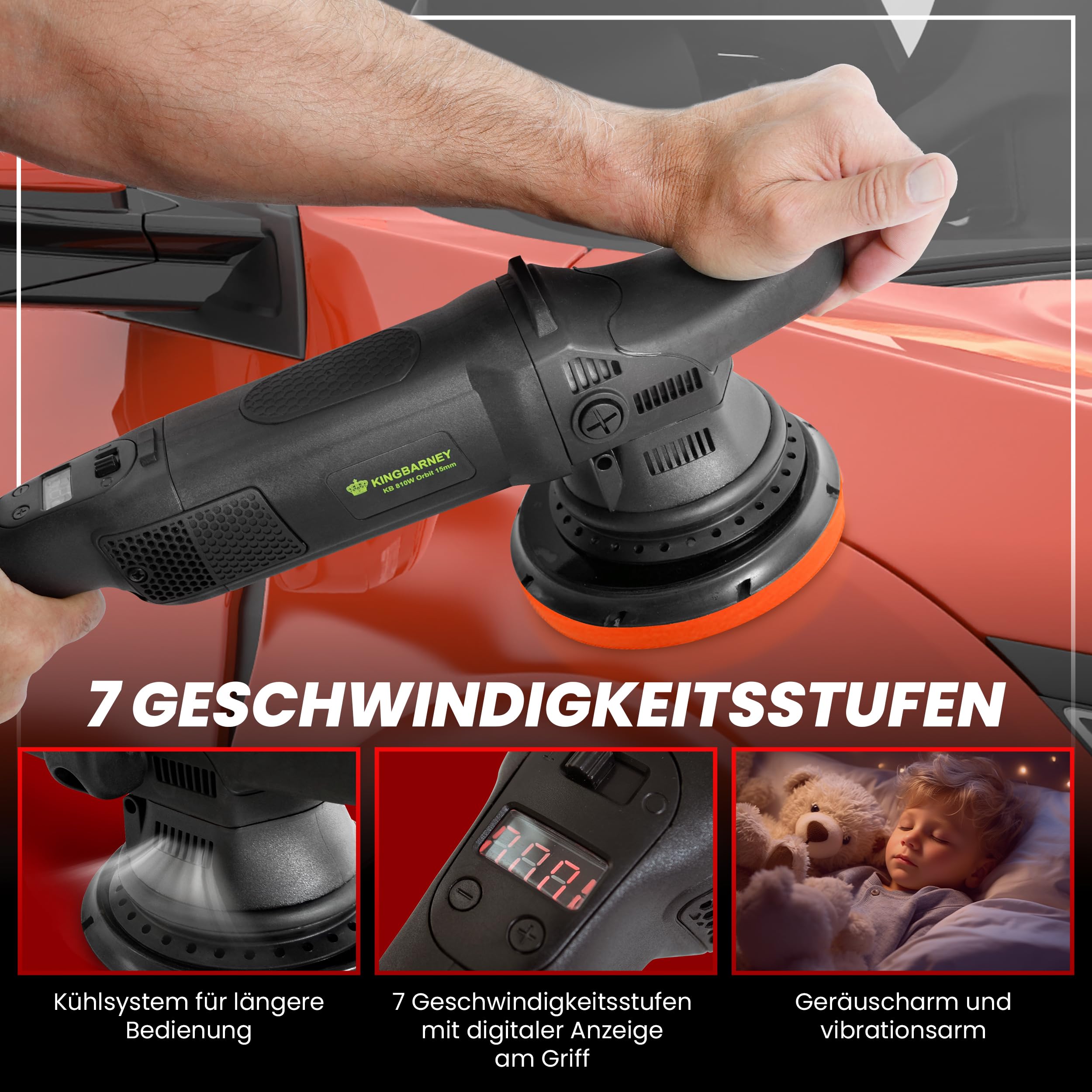 Lucidatrice eccentrica, 810 Watt, con hub da 15 mm e cavo da 6 m, con custodia e spugna per lucidatura, lucidatrice per auto con display digitale (set S)