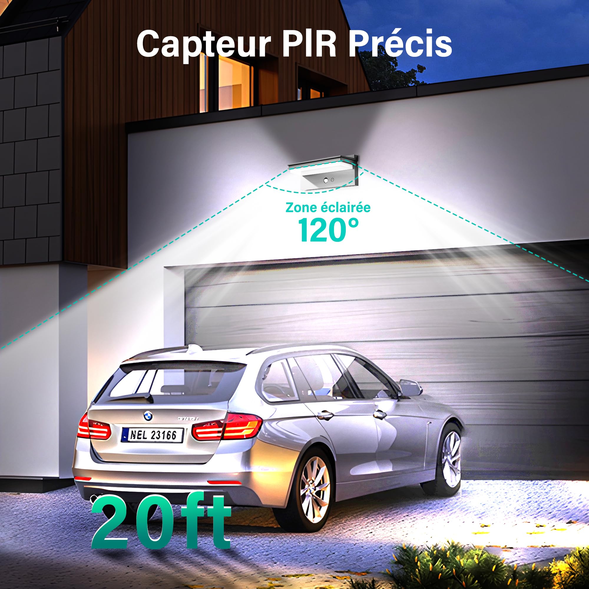 Lampe Solaire Extérieur Détecteur de Mouvement | Blanc Froid, 1500 LM Applique Murale Exterieur, Étanche IP65, 4 Modes pour Jardin, Garage