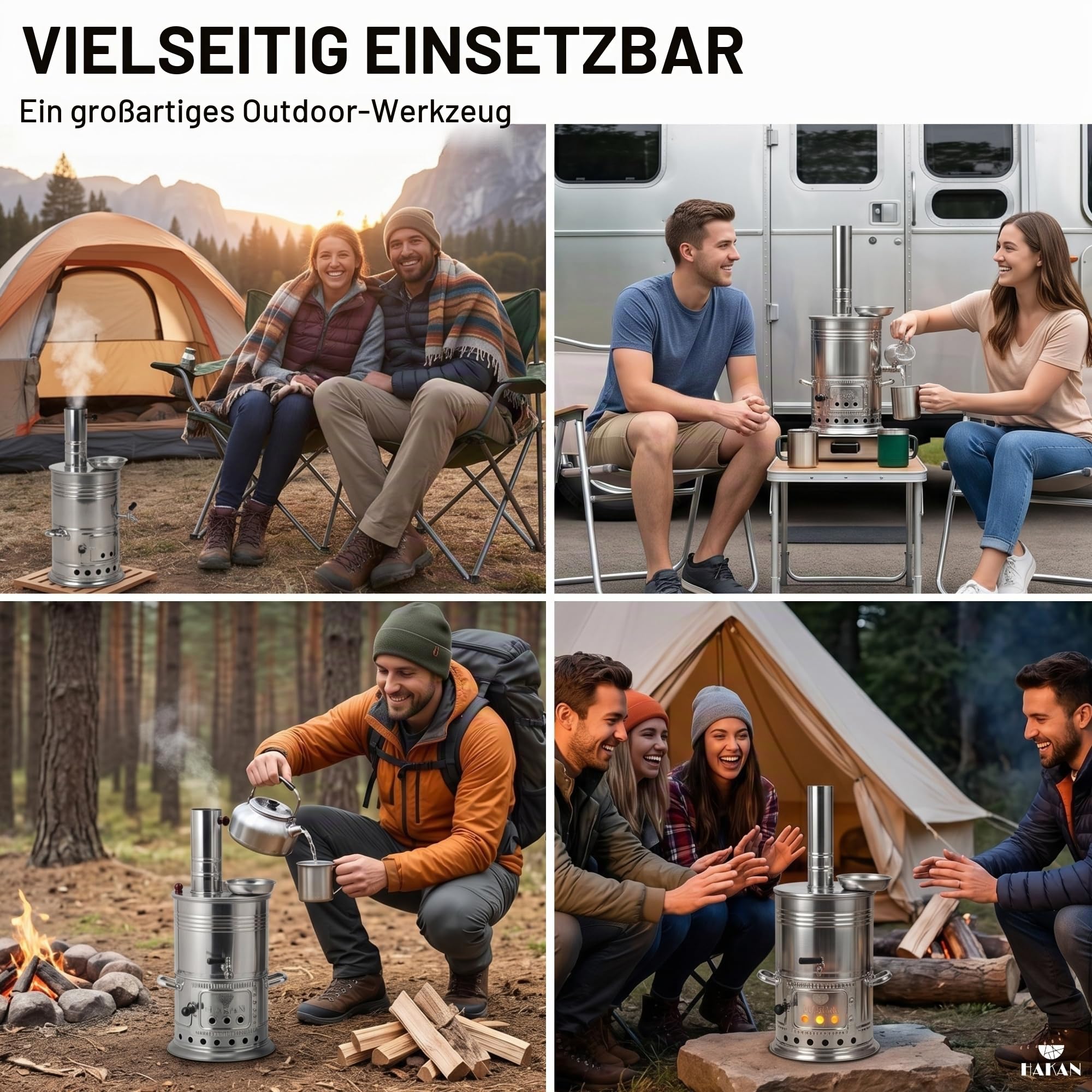 Hakan Tragbarer türkischer Samowar-Teekessel, Camping-Wasserkocher, Teekanne, Holz, Kohlen befeuerte Semaver-Teekanne, Warmwasserbereiter für Camping, Picknick, Jagd, Outdoor-Aktivitäten, schwarze