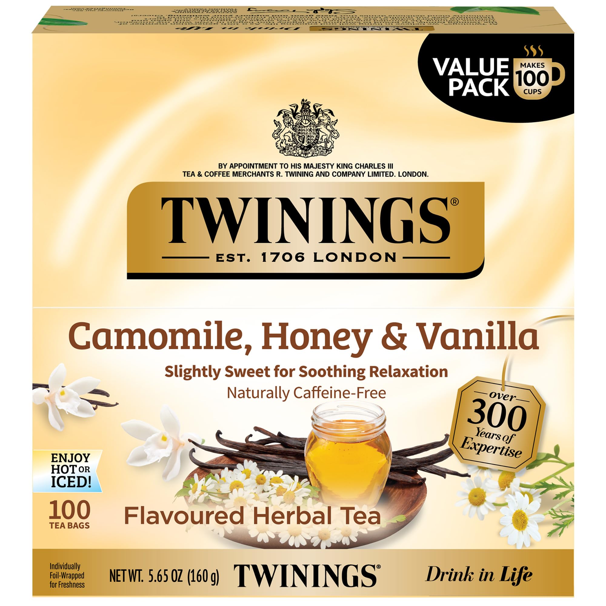 Twinings Camomile, Honey & Vanilla Herbal Tea Individually Wrapped Bags, 100 Count (Pack of 1), Naturally Caffeine-Free, Enjoy Hot or Iced, 100 Teabags Camomile, Honey & Vanilla 100 Count (Pack of 1)