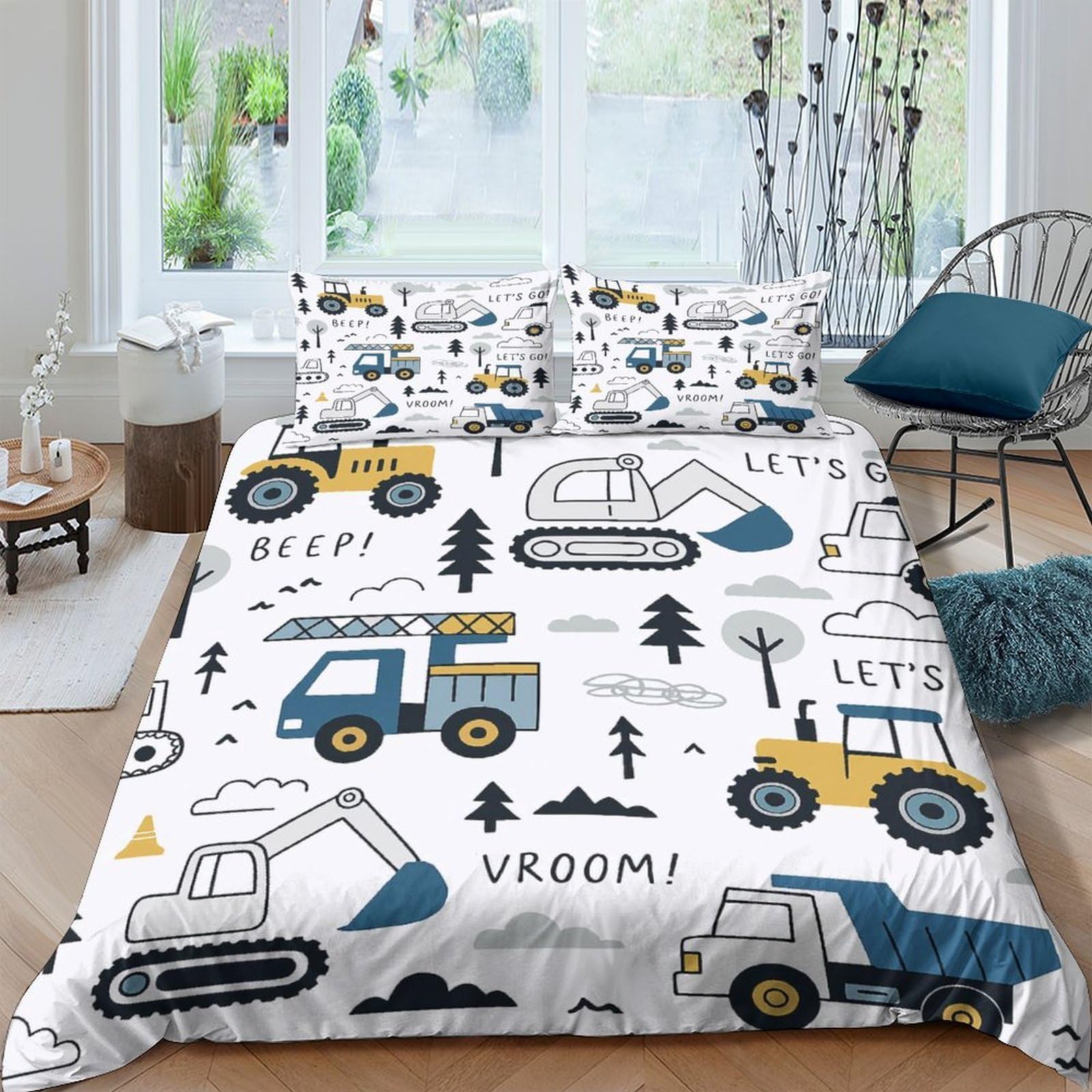 TUFRTGYHN 3D Printed Construction Vehicles Duvet Cover Microfiber Soft Breathable Excavator Bedding Set with 2 Pillowcases for Bedroom Home Single（135x200cm）