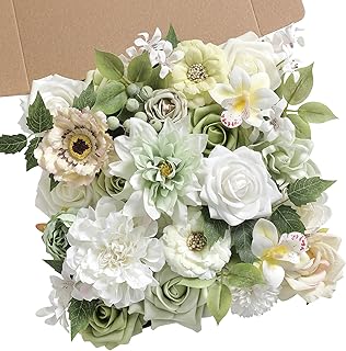White Green Artificial Flowers Combo Set Fake Flower Leaf Box with Stemst for DIY Wedding Bridal Bouquet, Centerpieces, Home Decor, Floral Arrangement Decor