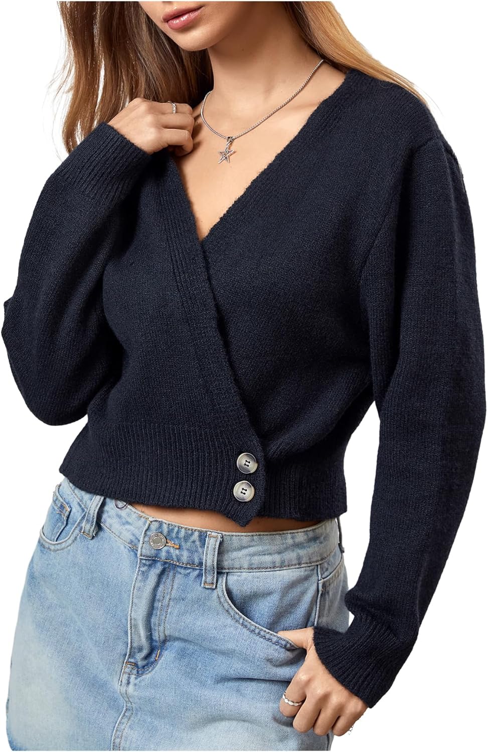 WDIRARA Women's Wrap V Neck Sweater Button Front Long Sleeve Crop Knitted Top