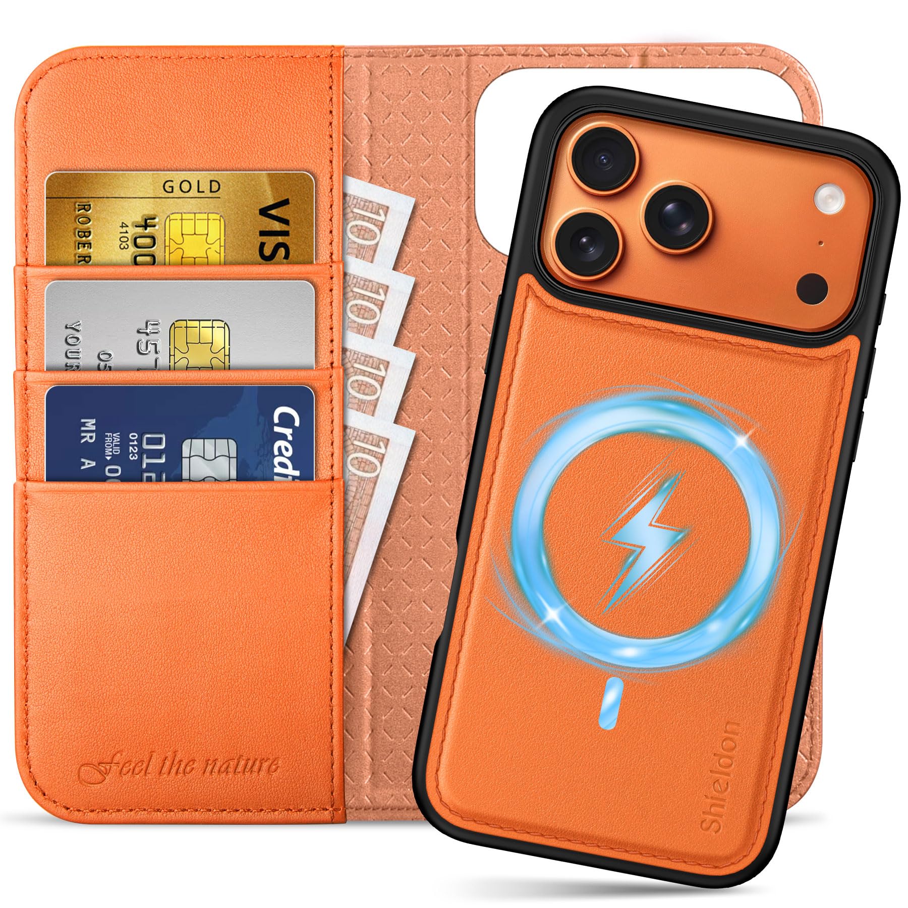 Photo 1 of SHIELDON 2-in-1 Leather Wallet Case for iPhone 17 Pro Max (Orange)