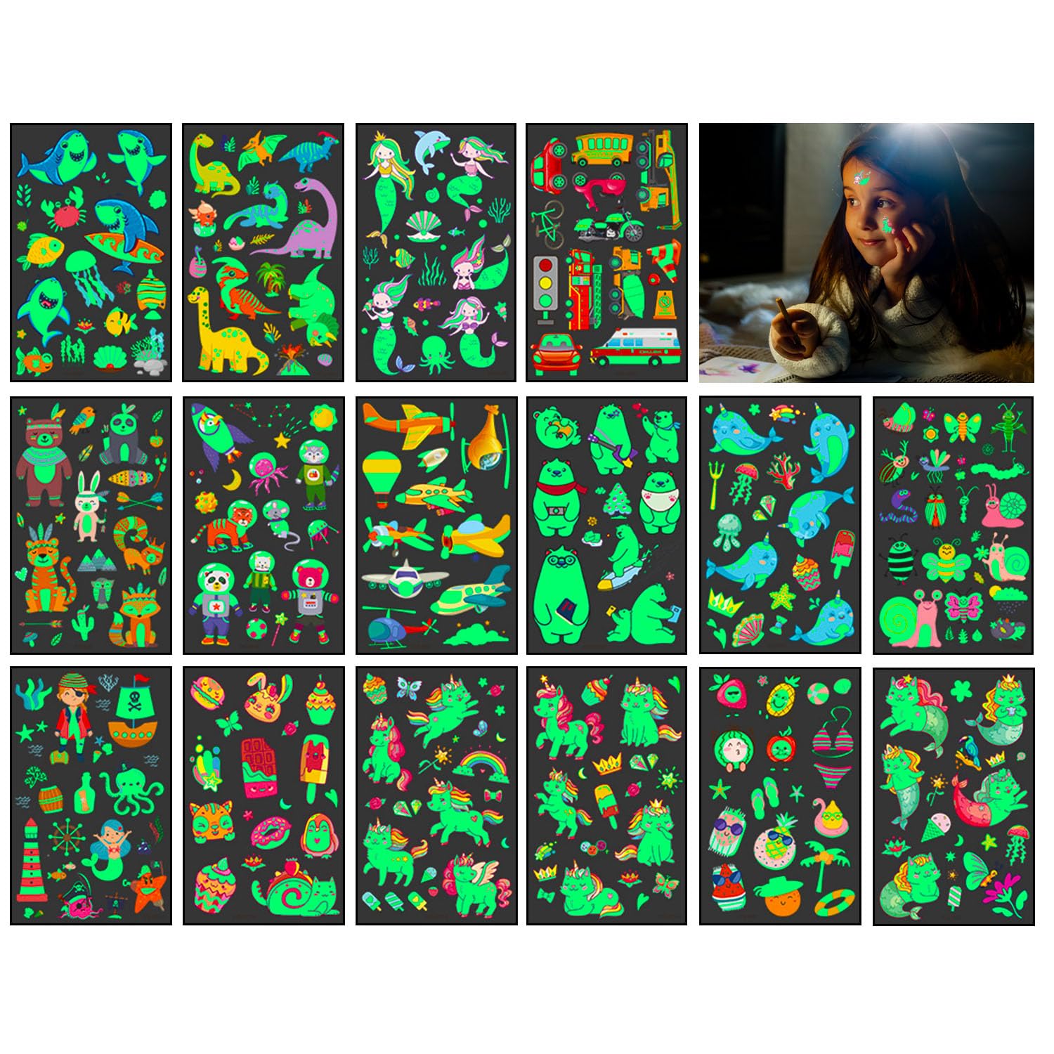 Tatuajes Temporales Niños 16 Hojas Tatuajes Fluorescentes Niños y Niñas, Impermeable Tatoos Infantiles Pegatinas, Calcamonias Tatuajes Niños Luminosos, Tatuajes Party Cumpleaños, Regalos para Niños