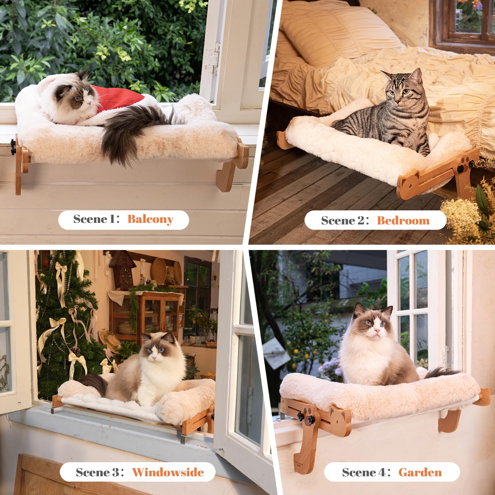CHEERHOME PETS Percha de ventana para gatos con refuerzo, cama para gatos grandes, hamaca para ventana, asiento de madera ajustable para alféizar de la ventana de la mesita de noche (blanco roto)