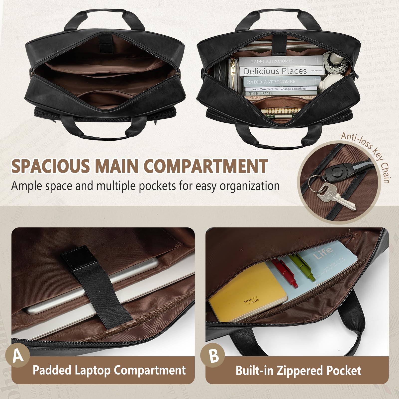 RAINSMORE Portafolios para Hombre, Maletin para Laptop 16 Pulgadas, PU Piel Maletín Grande para Trabajo, Oficina Universidad Vieja Escuela
