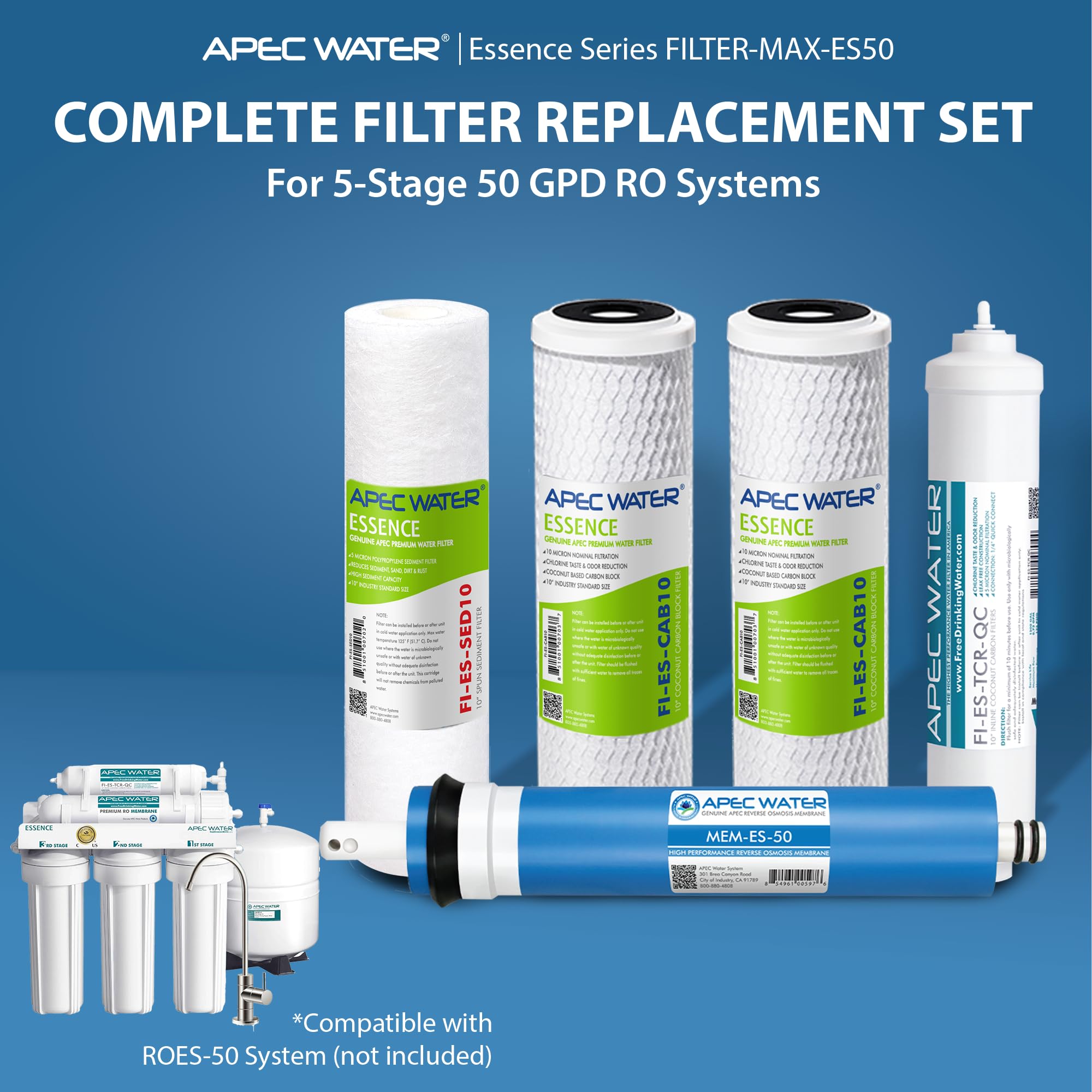 Apec Filter-max-es50 50 galonów o dużej pojemności Kompletny zestaw filtrów do paliwa Seria filtrów do odwróconej osmozy