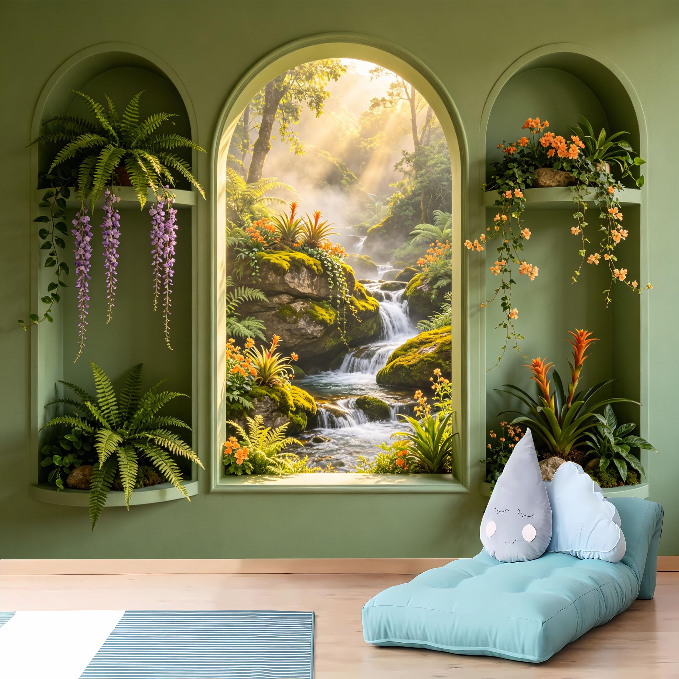 Custom Size Wall Murals 3D Niche Waterfall Forest Wall Murals Jungle View Wallpaper Vivid Self-Adhesive Removable Wallpaper for Living Room Bedroom