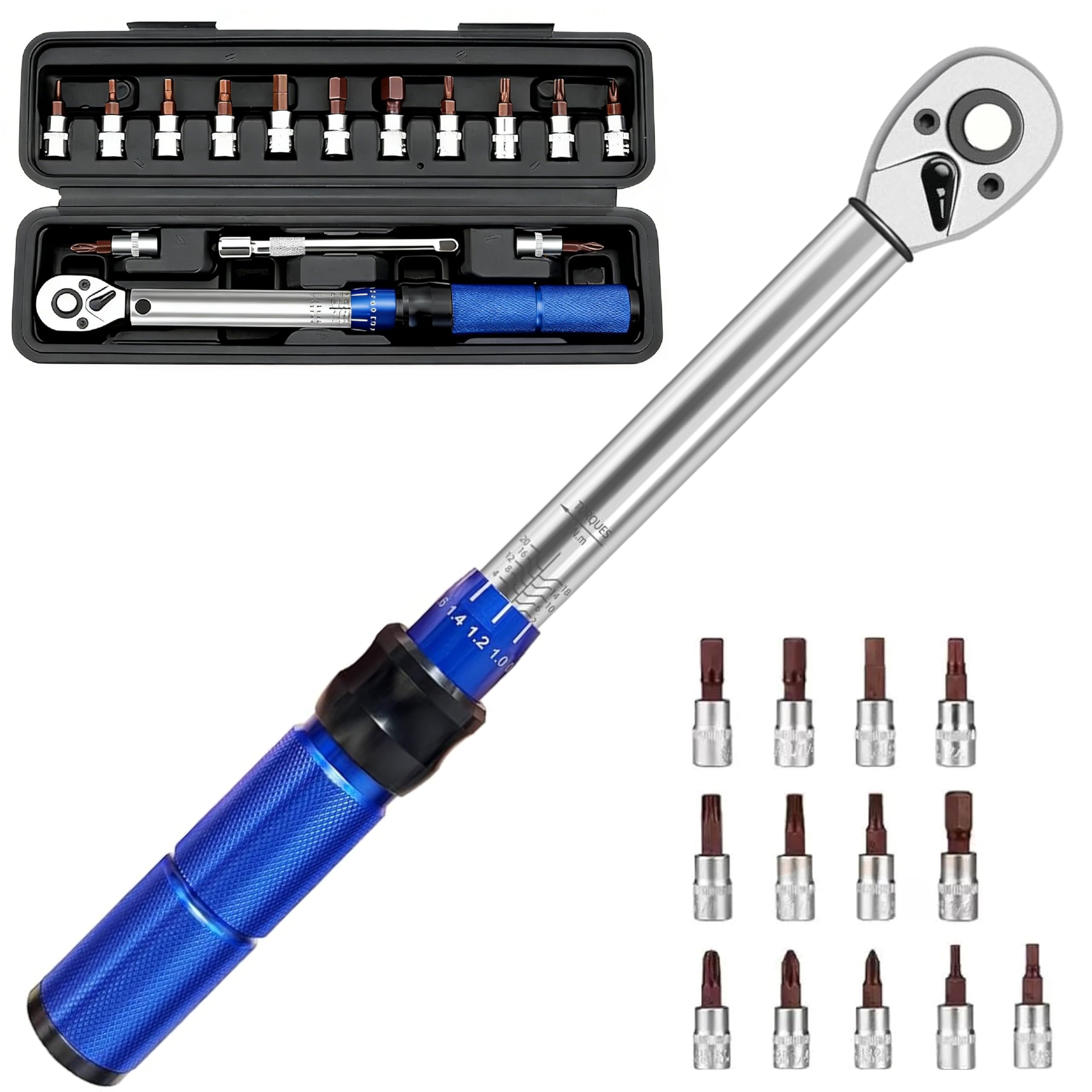Juego de llaves dinamométricas de 15 piezas para bicicleta y motocicleta con maletín de almacenamiento – Juego de llaves de torque de 1/4 pulgada, juego de llaves Allen de 2-24 nm para