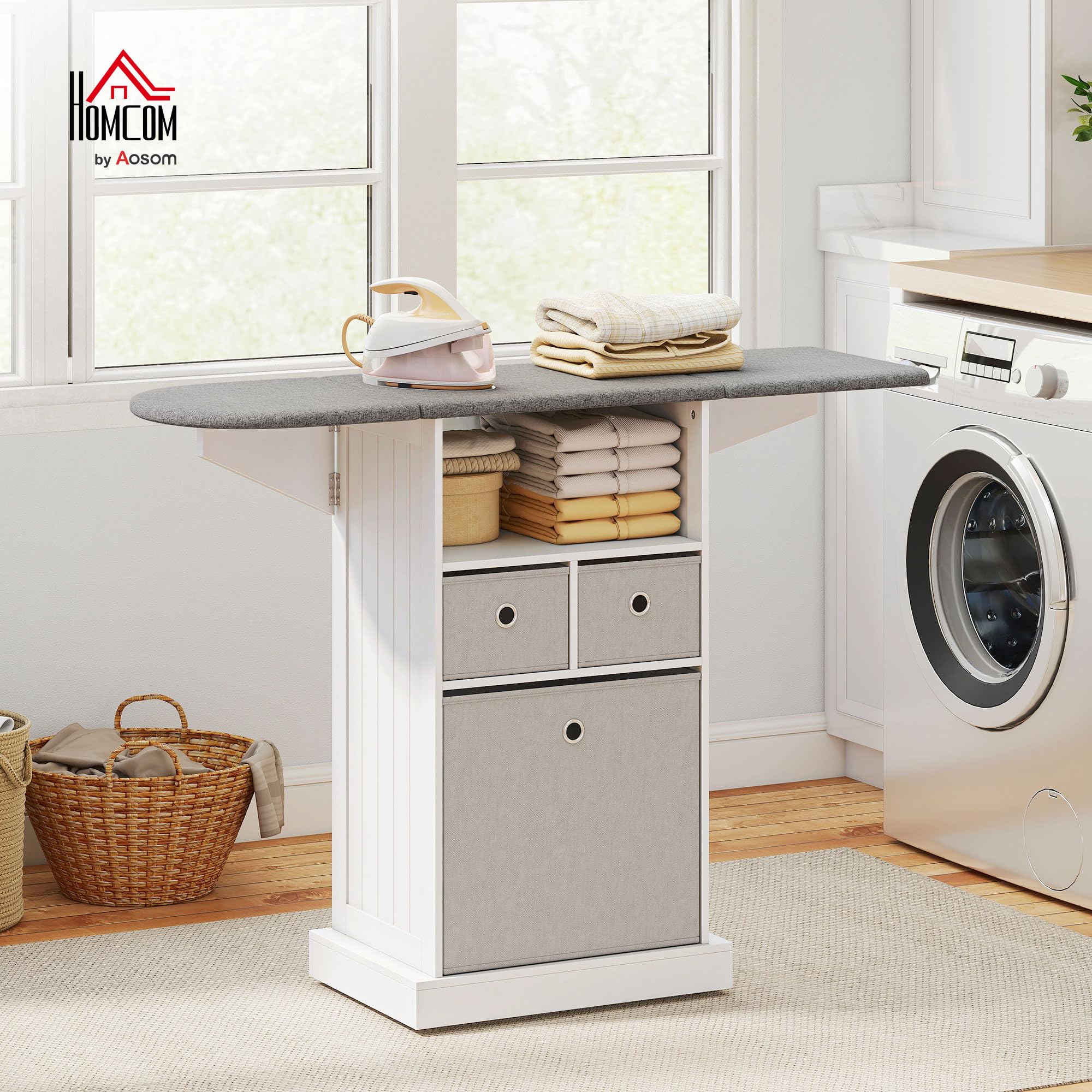 HOMCOM Mobile Asse da Stiro Pieghevole Salvaspazio, Mobile da Stiro Multiuso con 3 Cassetti in Tessuto Effetto Lino, Ruote a Freno, Ripiano Aperto, per Lavanderia e Bagno, 121x37x89.5 cm, Bianco