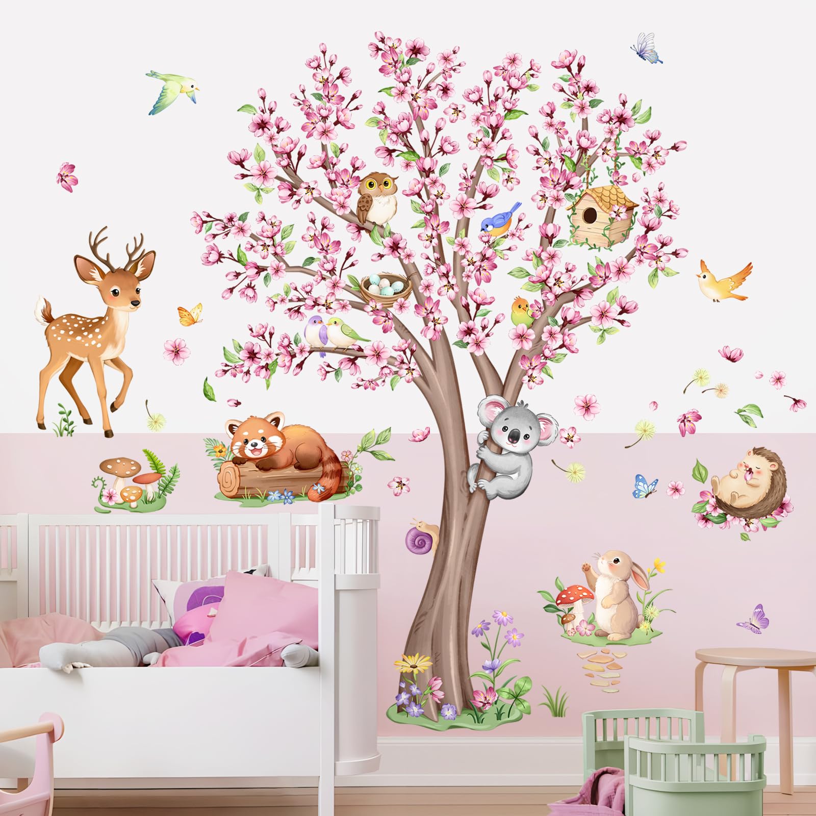 Supzone Animals Flower Tree Wall Stickers Large Pink Cherry Blossom Deer Wall Decals for Girls Nursery Kids Baby Living Room Bedroom Home Decor - Image 4