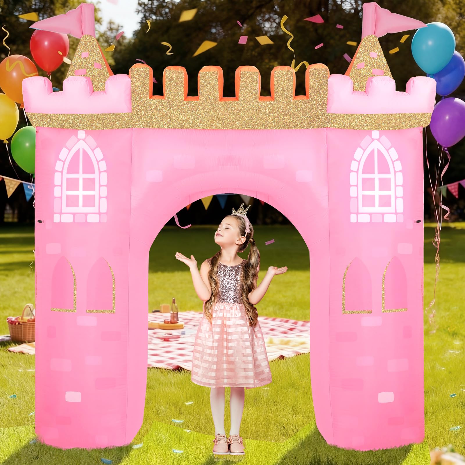 Photo 1 of 10ft Princess Inflatable Arch Castle with Built-in LED Lights, Pink Princess Party Decorations Blow up Archway for Girl Birthday Baby Shower Outdoor Yard Lawn Decor