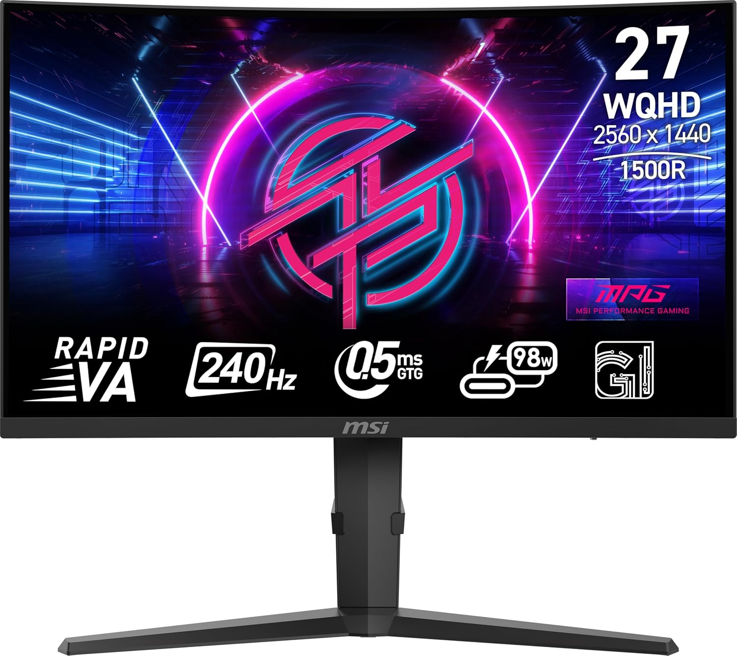 MSI MPG 275CQRXF 27-inch 2560 x 1440 (QHD) Computer Monitor, 240Hz, Adaptive-Sync, HDR Ready, HDMI, VGA Port, Display Port,VESA Mountable, Tilt, Speaker, 0.5ms, Black