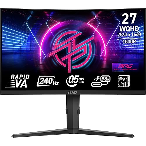 MSI MPG 275CQRXF 27-inch 2560 x 1440 (QHD) Computer Monitor, 240Hz, Adaptive-Sync, HDR Ready, HDMI, VGA Port, Display Port,VESA Mountable, Tilt, Speaker, 0.5ms, Black