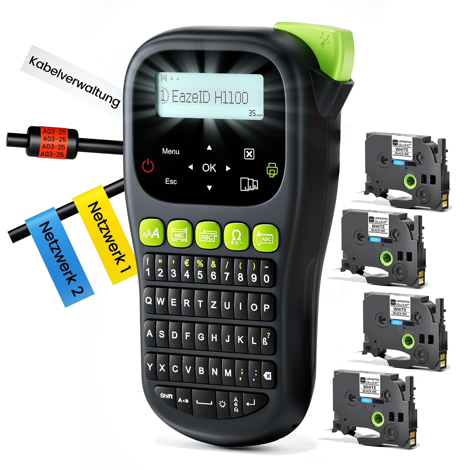 H1100 etichettatrice portatile industriale, LCD retroilluminato, include 4 nastri BZ da 12mm. Stampante etichette marcatura cavi per industria, ufficio e officina