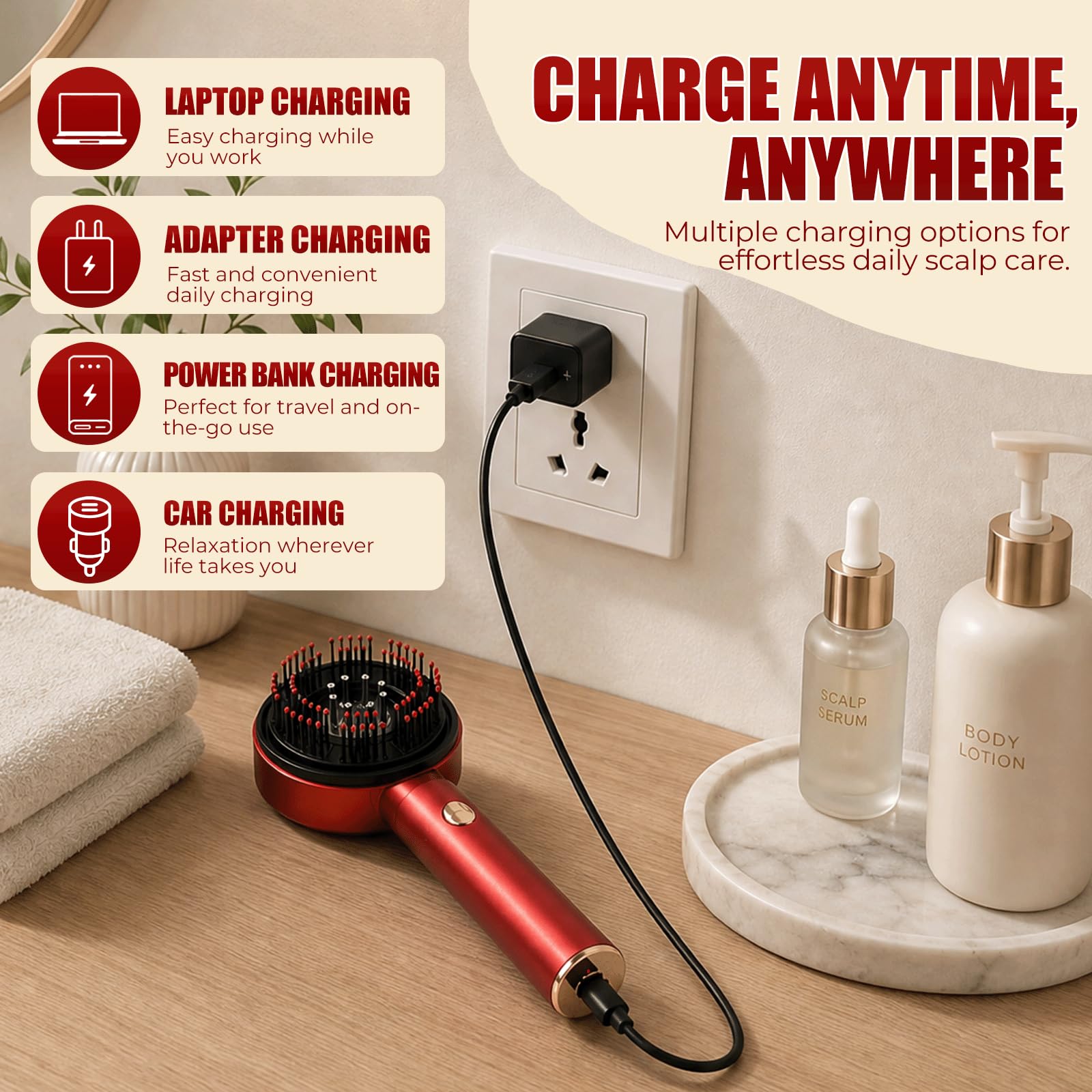 Kopfmassagegerät Elektrisch, 2 in 1 Kopfhaut Massagebürste Elektrisch mit Haaröl-Applikator, 360° Rotlicht Kopfhaut Massagegerät, 3 Modi Elektrische Kopfmassagegerät zur Massage und Kopfhautpflege