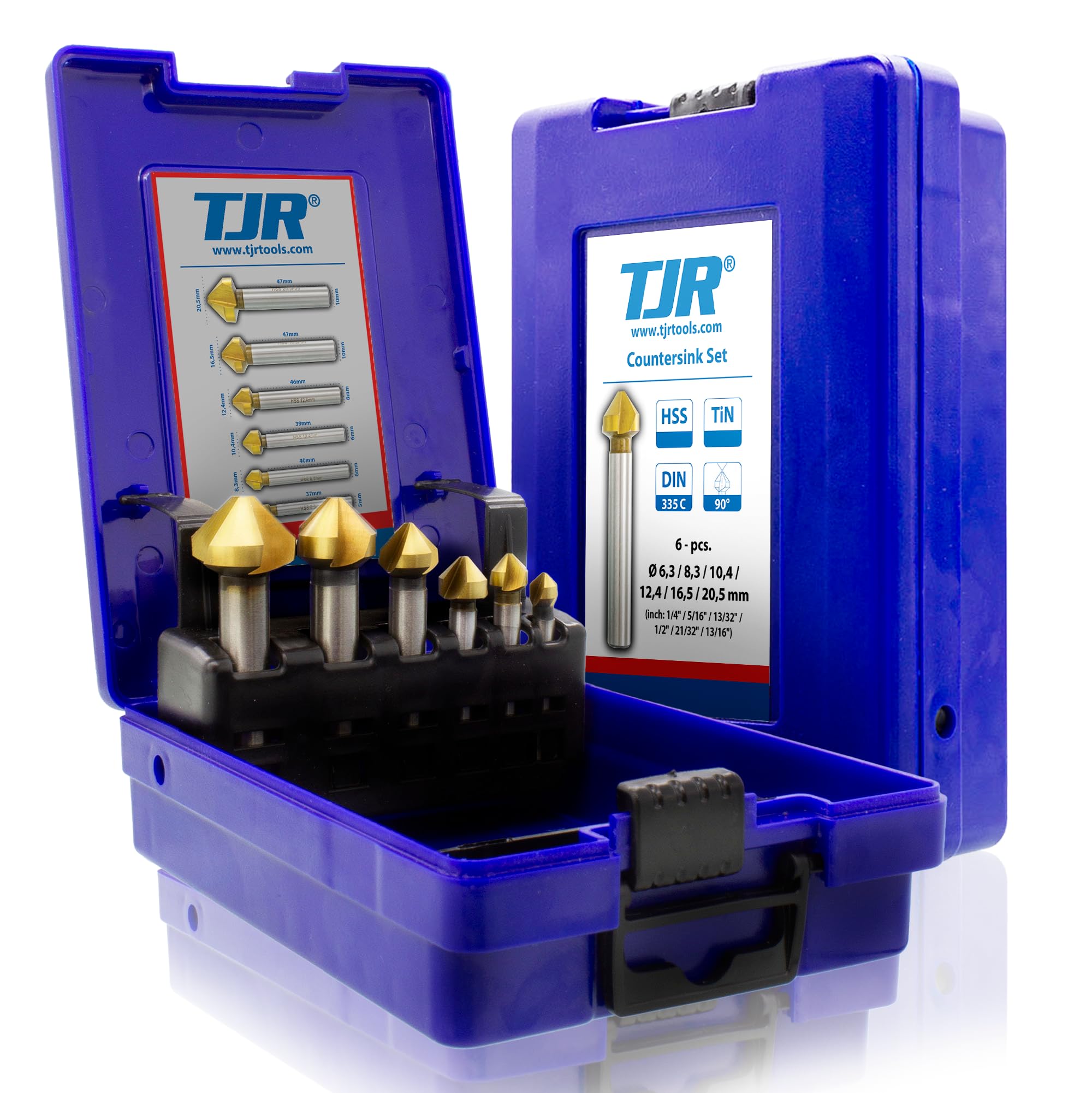 TJR® Fraise 90° diamètre 6,3-20,5 mm en acier HSS avec revêtement TiN – Vraiment tranchant – Kit de fraisage et d'ébavurage pour bois, métal et plastique dans une boîte de rangement pratique