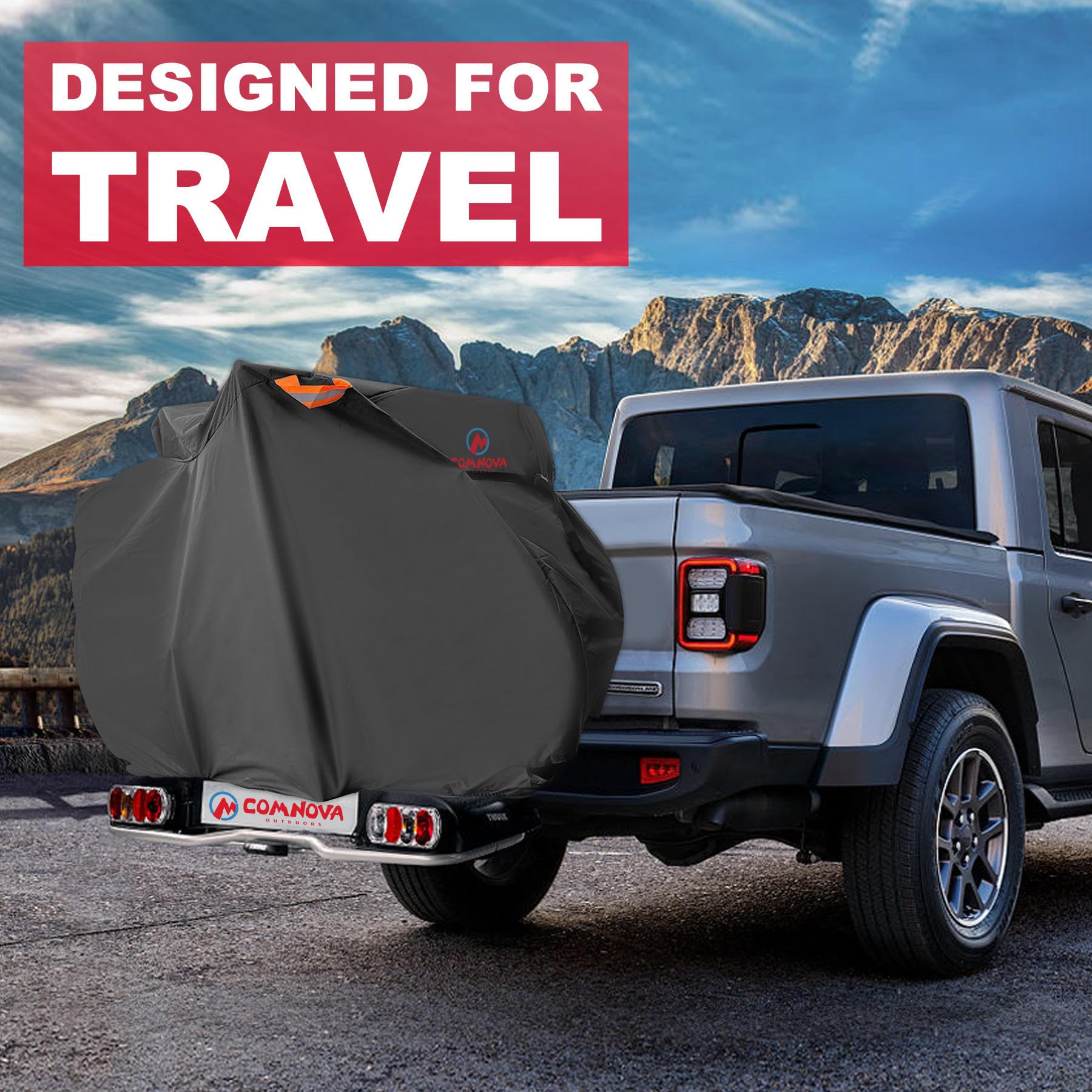 Comnova Bike Cover for Transport 2 Bikes - Outdoor Bike Covers for 2 Bikes on Rear Bike Rack Transport Waterproof & Heavy Duty, 600D Bicycle Rack Covers for 2 Bikes on Car Hitch Travel Storage