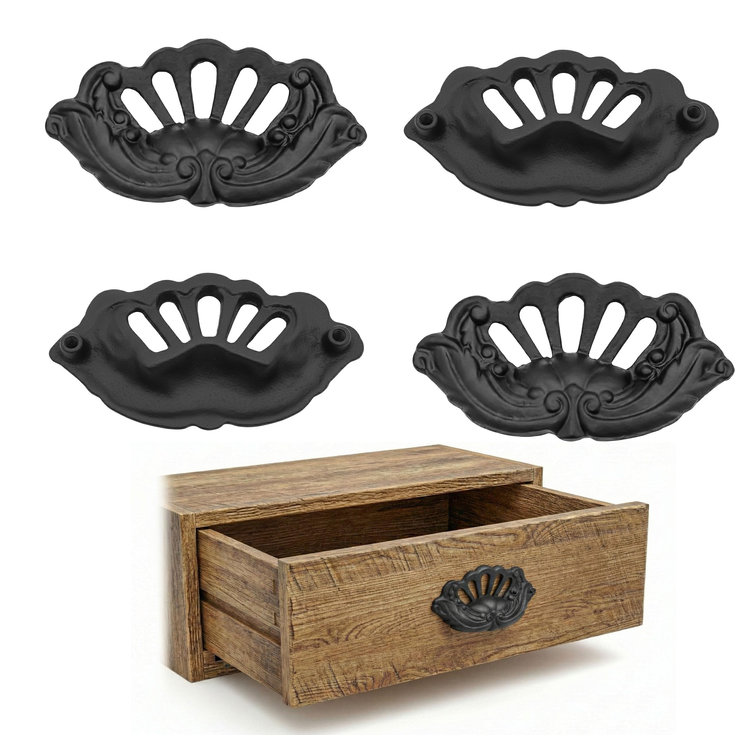 Mystic Colonial - Tiradores de cajón de hierro fundido macizo, juego de 4 manijas planas negras para cocina, aparadores, armarios o puertas, herrajes rústicos vintage antiguos con tornillos incluidos