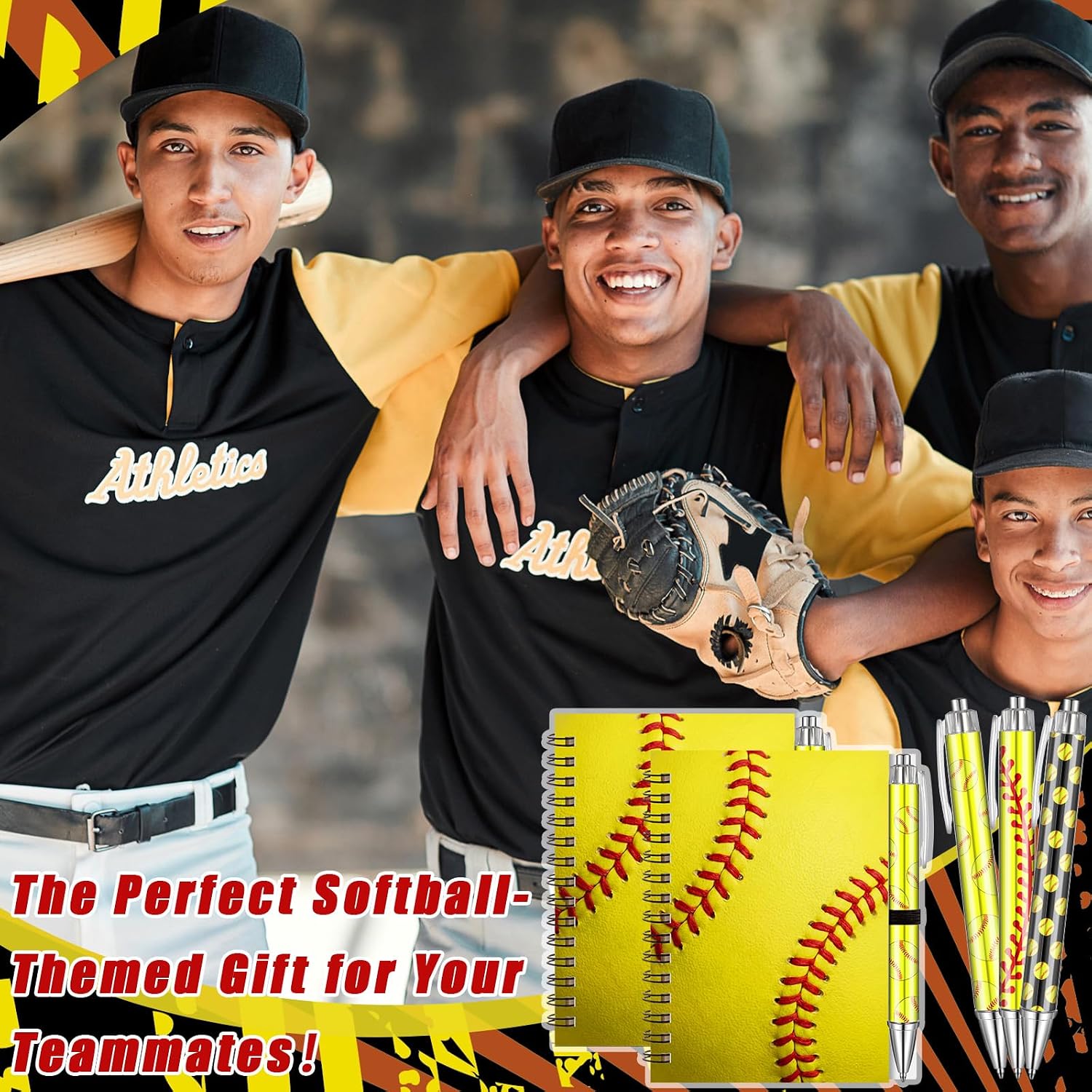 Resurhang 12 Sets Yellow Softball Notebook Gifts 5.5 x 4.3'' Softball Spiral Notebook Ballpoint Pens for Coaching Supplies Coach Gifts Team Party Players Sports Lover