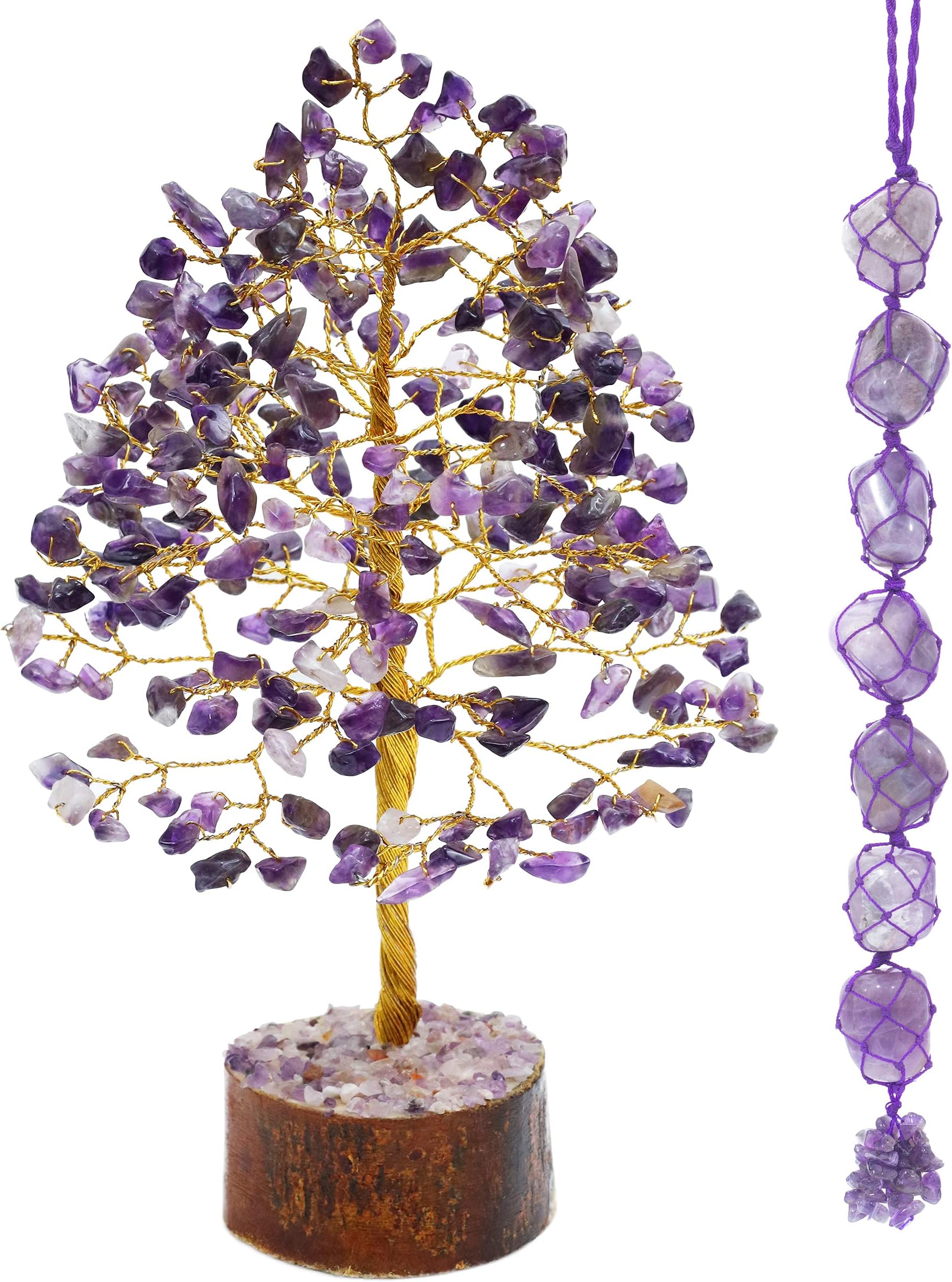 Amethyst Crystal Tree | Gemstone Tree with Car Hanging | 7 Tumble Stones | Ornaments | Crystal Healing | Feng Shui | Bonsai Money Tree | Spiritual Gift for Home Decor | 10 Inch’s (Golden Wire)