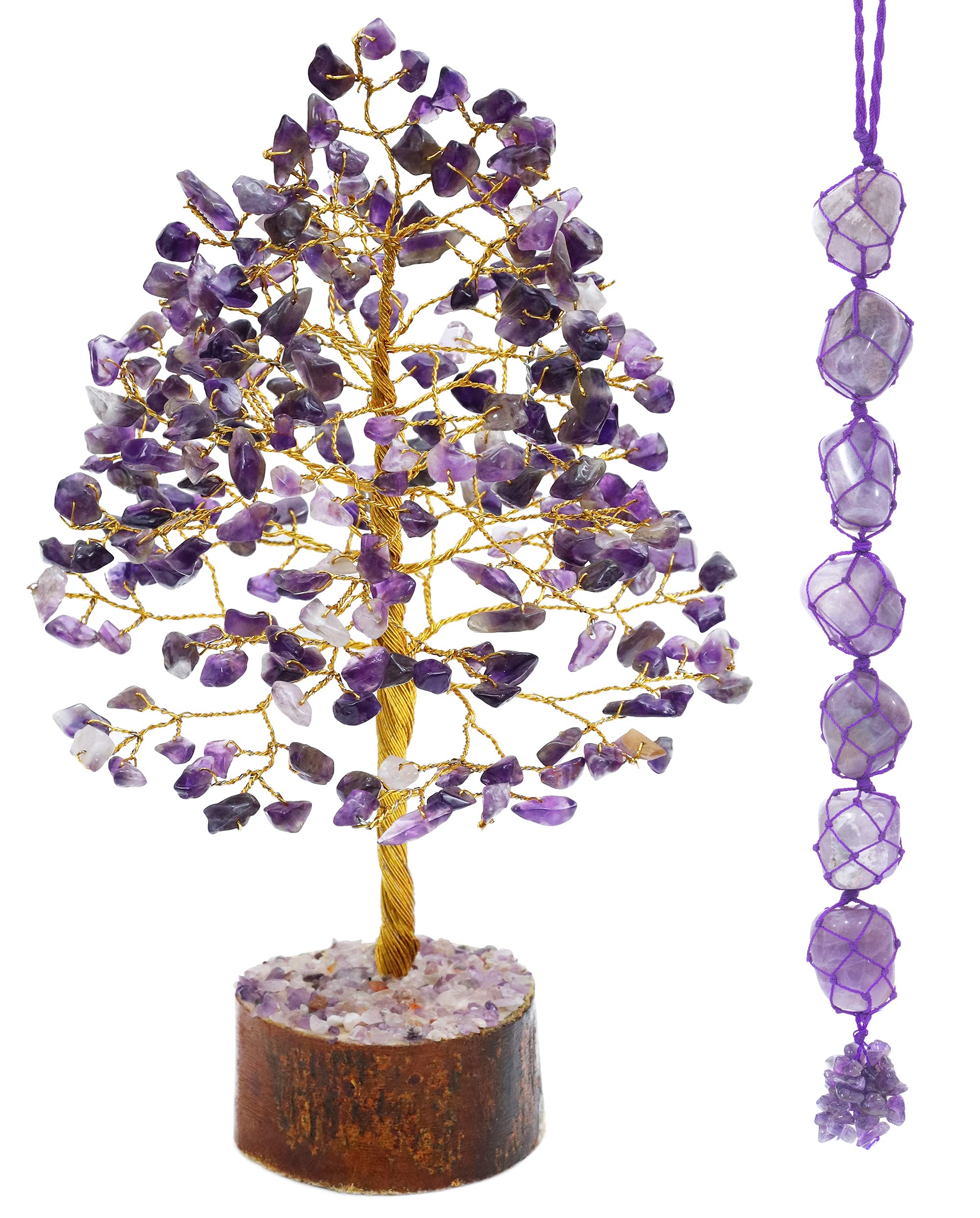Amethyst Crystal Tree | Gemstone Tree with Car Hanging | 7 Tumble Stones | Ornaments | Crystal Healing | Feng Shui | Bonsai Money Tree | Spiritual Gift for Home Decor | 10 Inch’s (Golden Wire)
