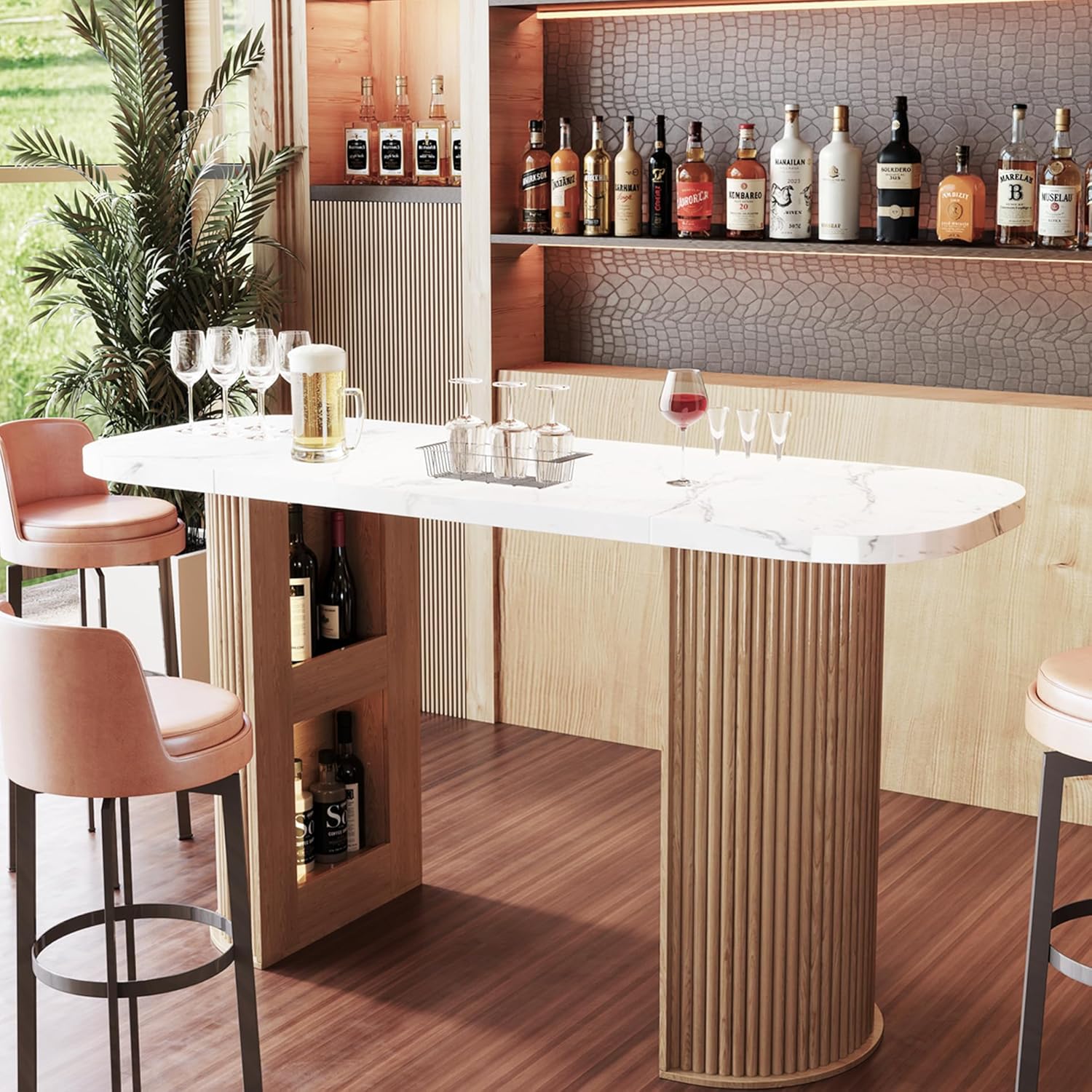 Fluted Counter Height Bar Table, 64in Home Bar Unit, High Top Table 2-6 Person Counter with Storage Faux Marble Tall Pub Table for Living Room Kitchen