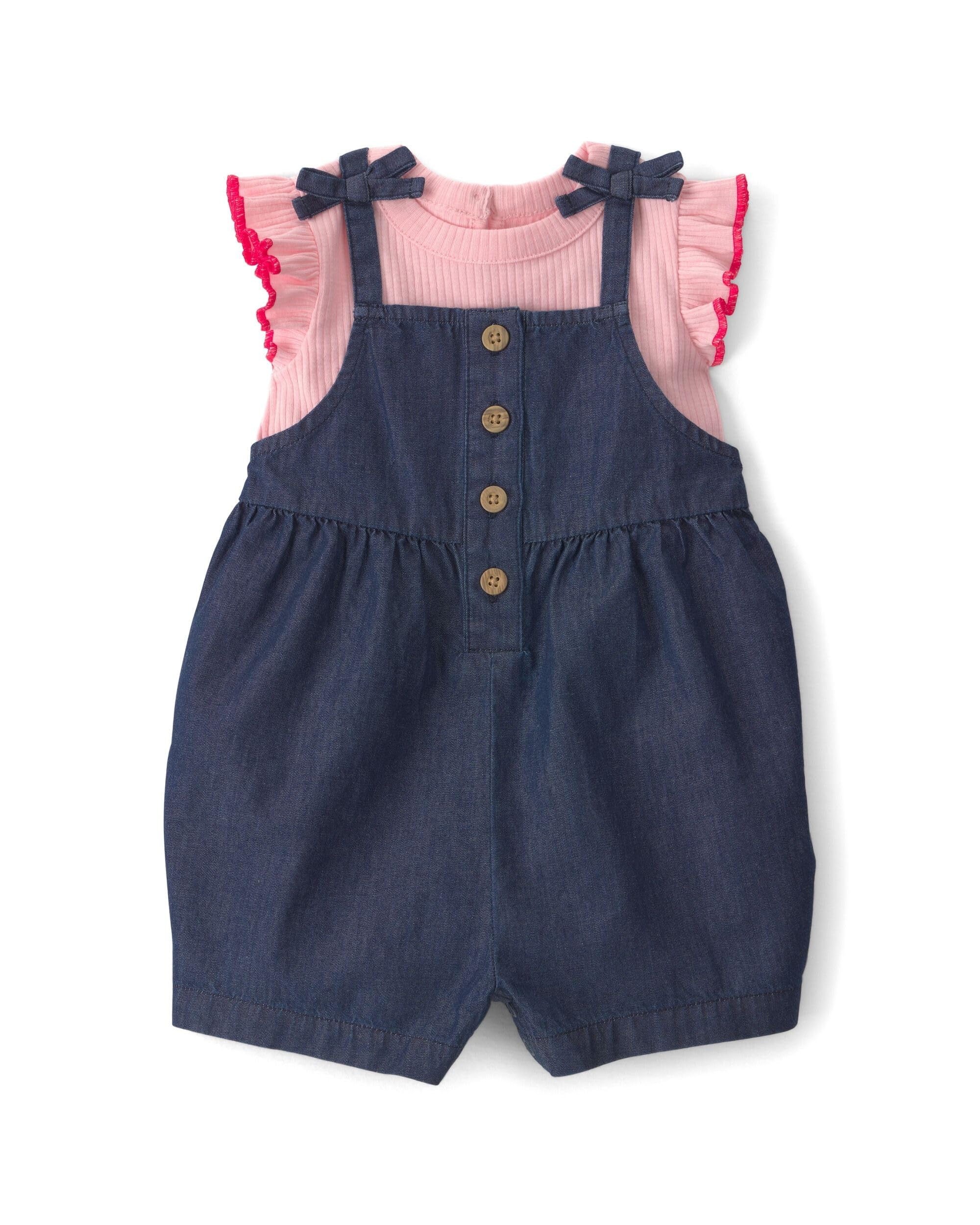 2-Piece Baby Girl Chambray Romper Set | Ruffle Sleeves | Short Sleeve with Round Neck Design | Button-Front Closure | Soft & Breathable Playwear Outfit-image-34