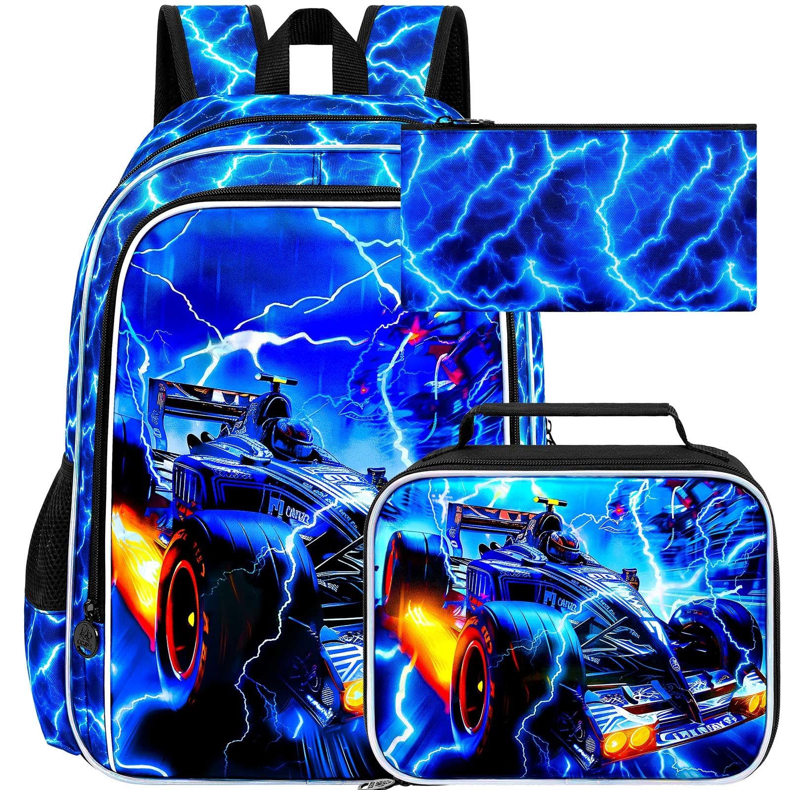17" Cars Backpack for Boy, 3Pcs Lightning Bookbag for Elementary Preschool Kindergarten, Kids School Backpacks with Lunch Box (Blue)