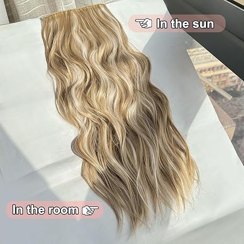 Miniatura 5 de ALXNAN Extensiones de cabello sintético largo y ondulado con clip, 20 pulgadas, rubio playa, 4 piezas, grueso, fibra de doble trama, para mujer