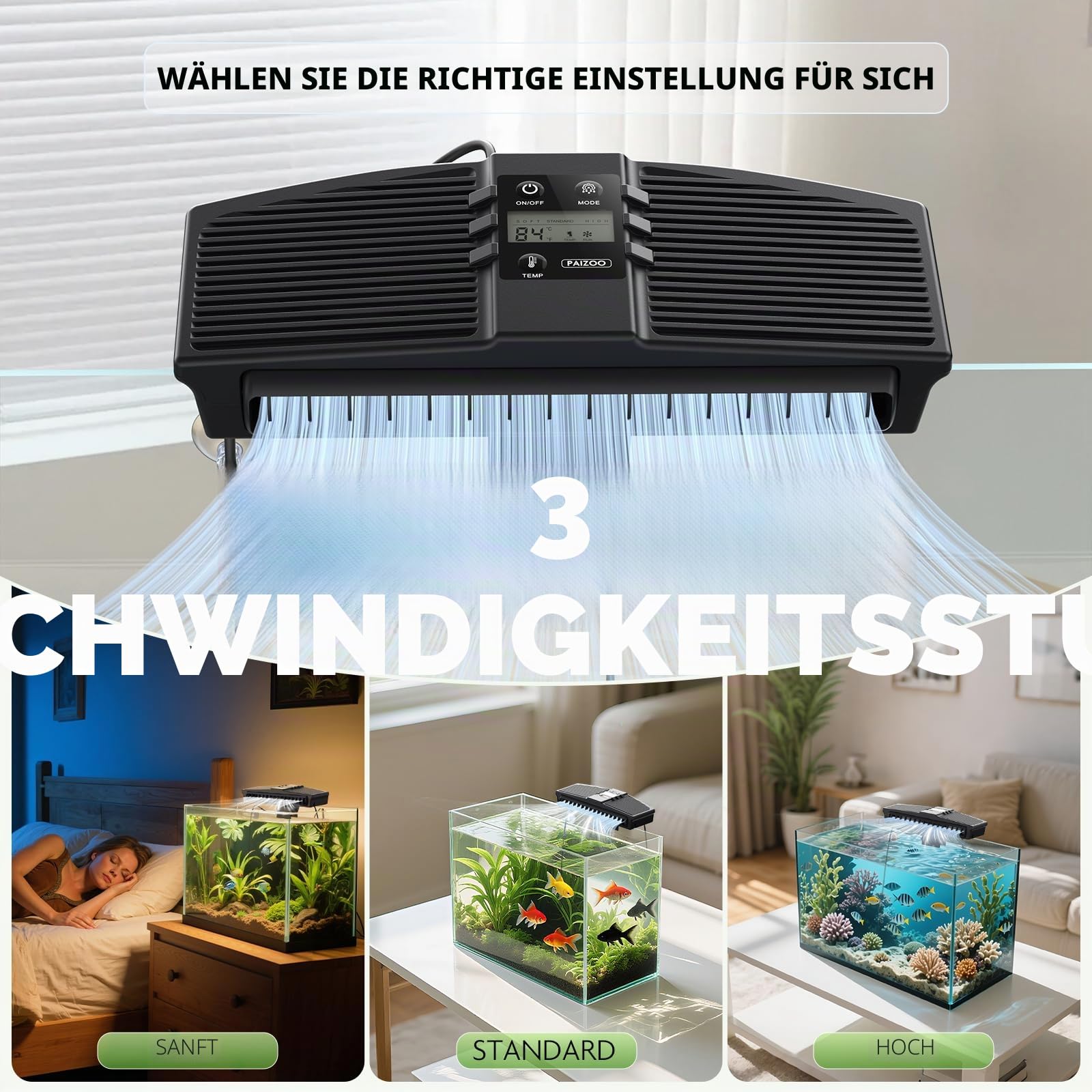 PAIZOO Aquarium-Kühlventilator, Aquarium-Kühlventilator mit Temperatursonde & LCD-Display, Aquariumkühler, Wasserkühler für Axolotl Betta Fischzubehör, 7 W