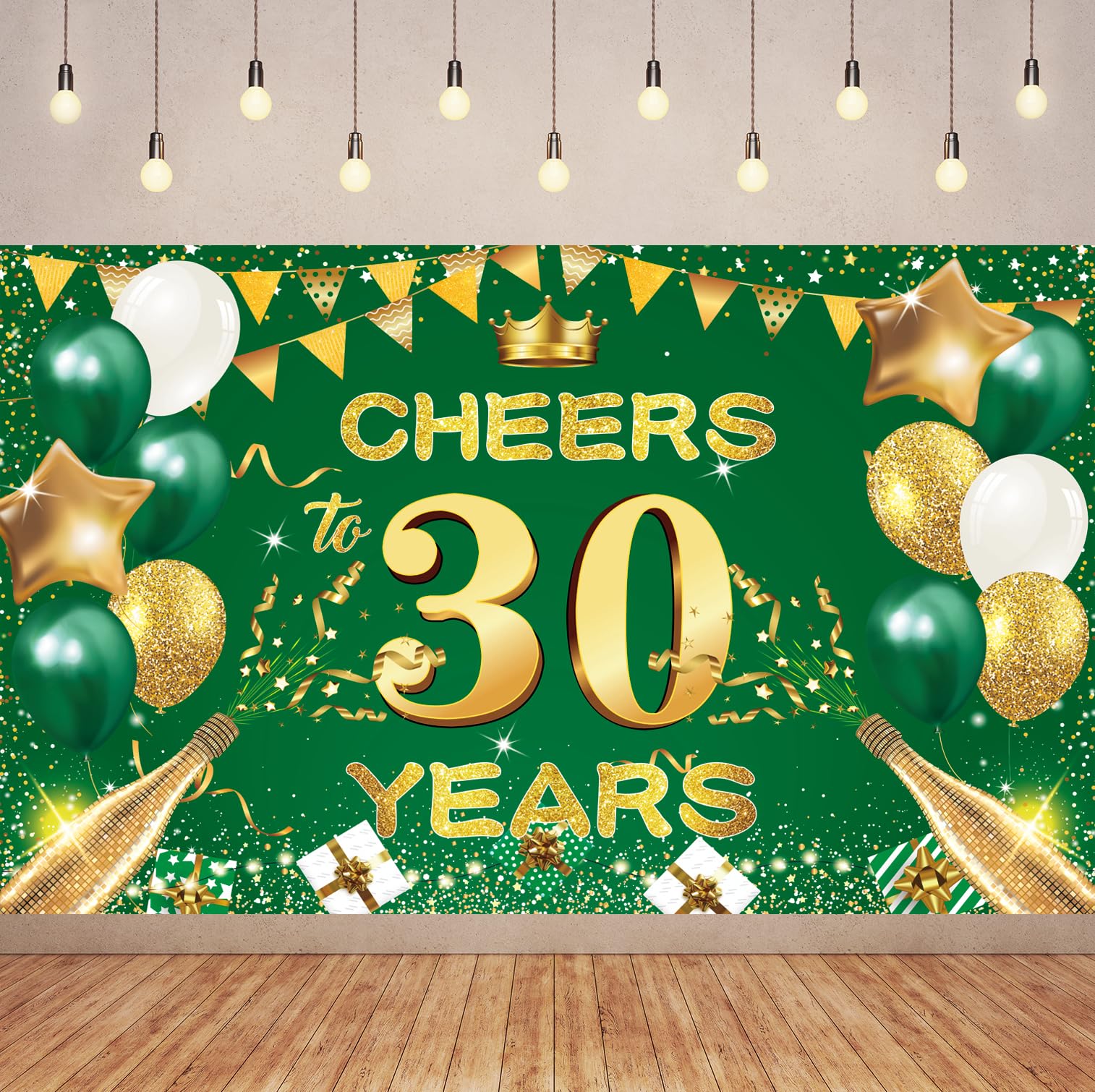 6X3.6FT Green Gold Cheers 30TH Years Banner Backdrop, Green Gold Happy 30th Birthday Decorations for Women Men Her Him Anniversary Photography Party Supplies.