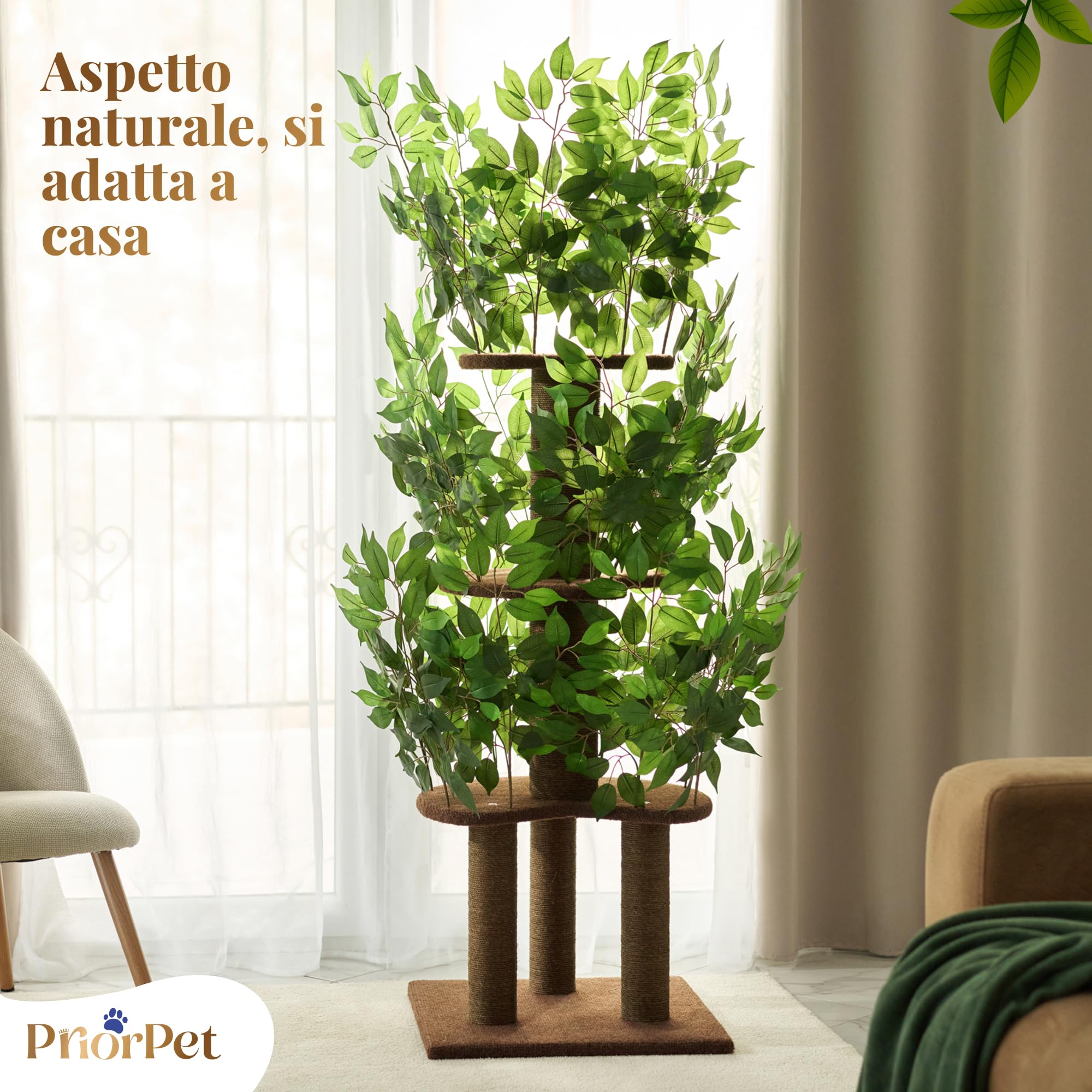Albero per gatti con Foglie – Compatto e Robusto Tiragraffi per gatti adulti – Albero con 4 Livelli Graffiabili – Per Arrampicarsi Nascondersi e Dormire – Facile da Montare – Ideale per Spazi Ridotti