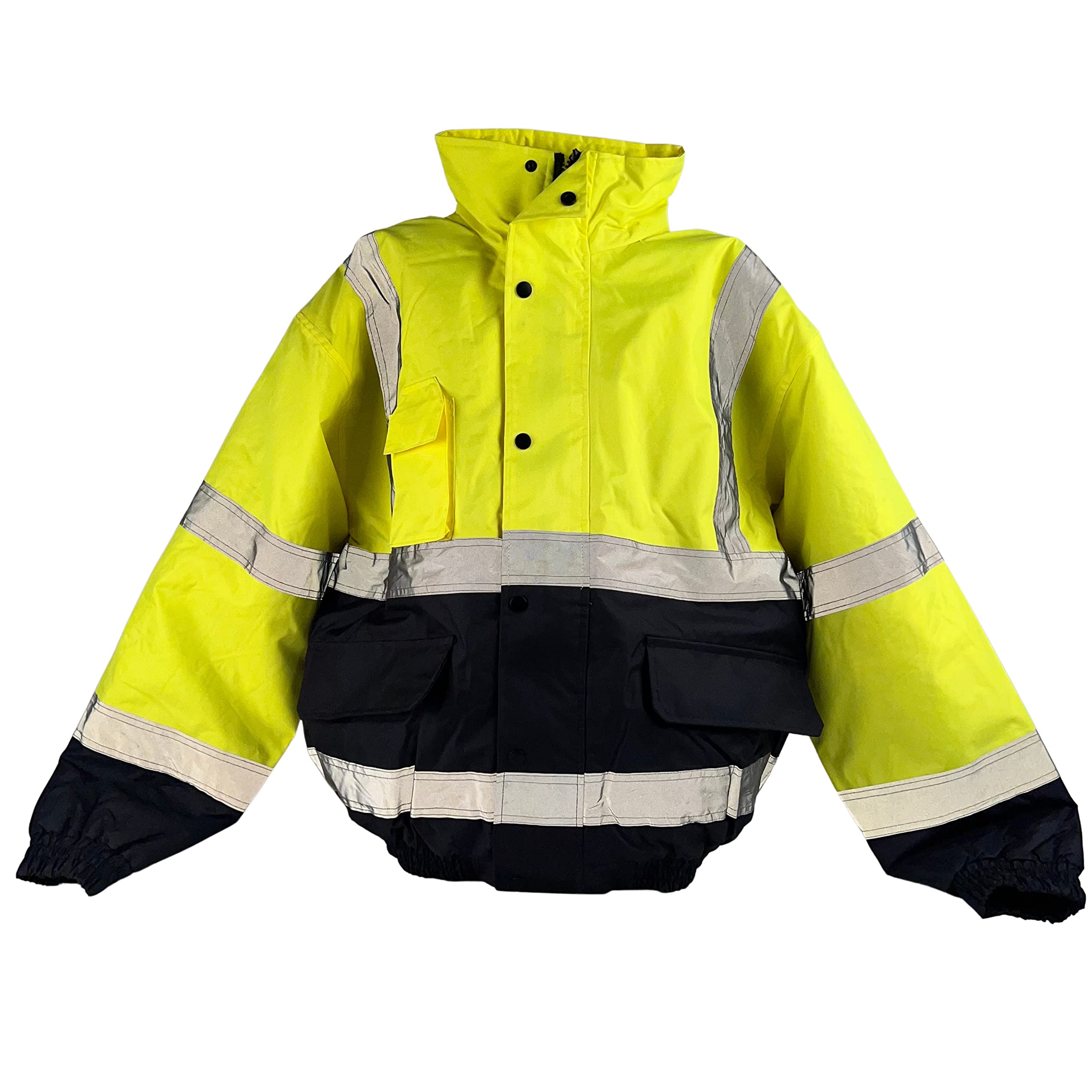 ATE Pro. USA - High Visibility Reflective Winter Bomber Jacket, Black Bottom, ANSI Compliant, Safety Jacket W/Hood Water Resistant Green- Medium Size