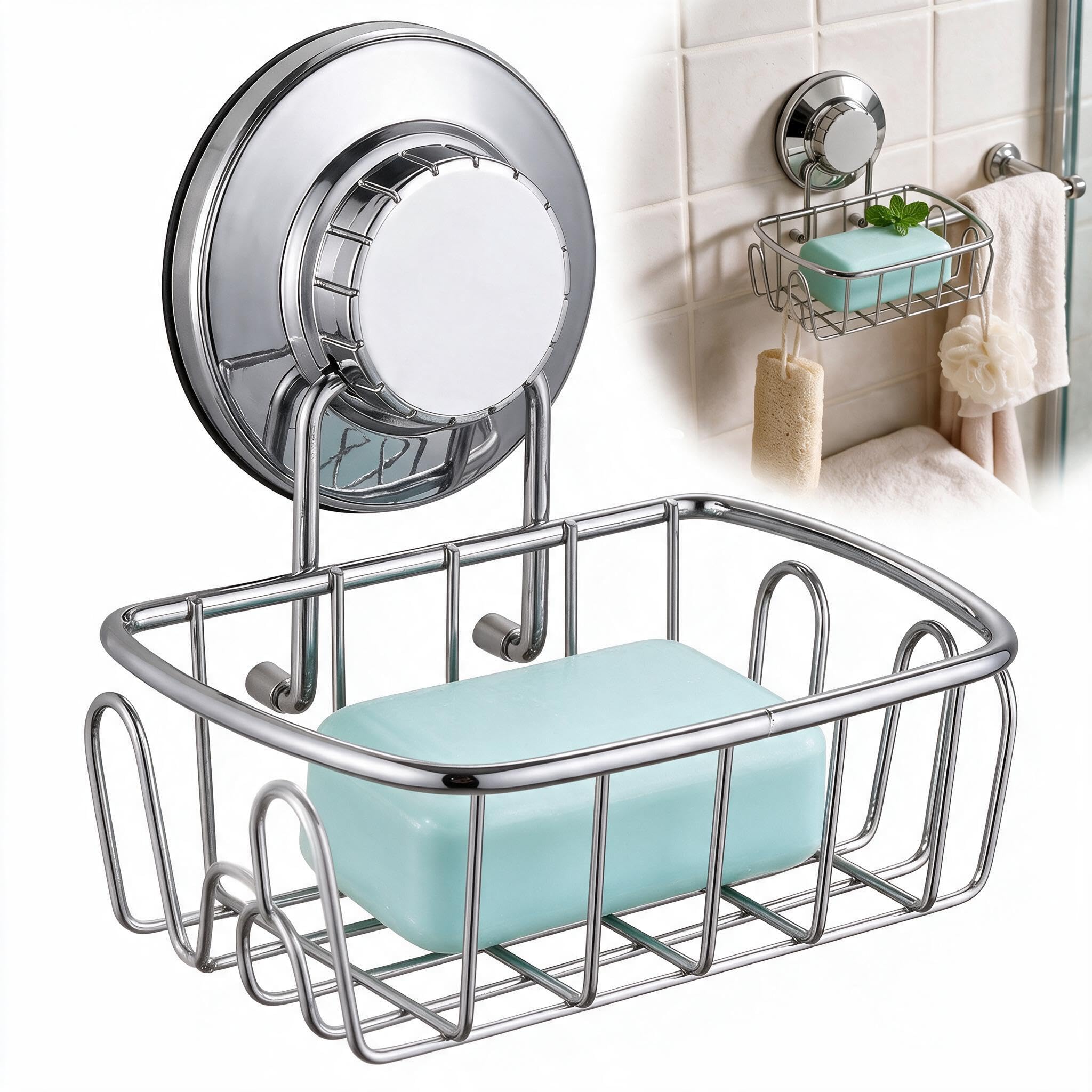 Suction Soap Dish for Shower, Soap Dish with Hooks(15 X 14 X 8 cm)