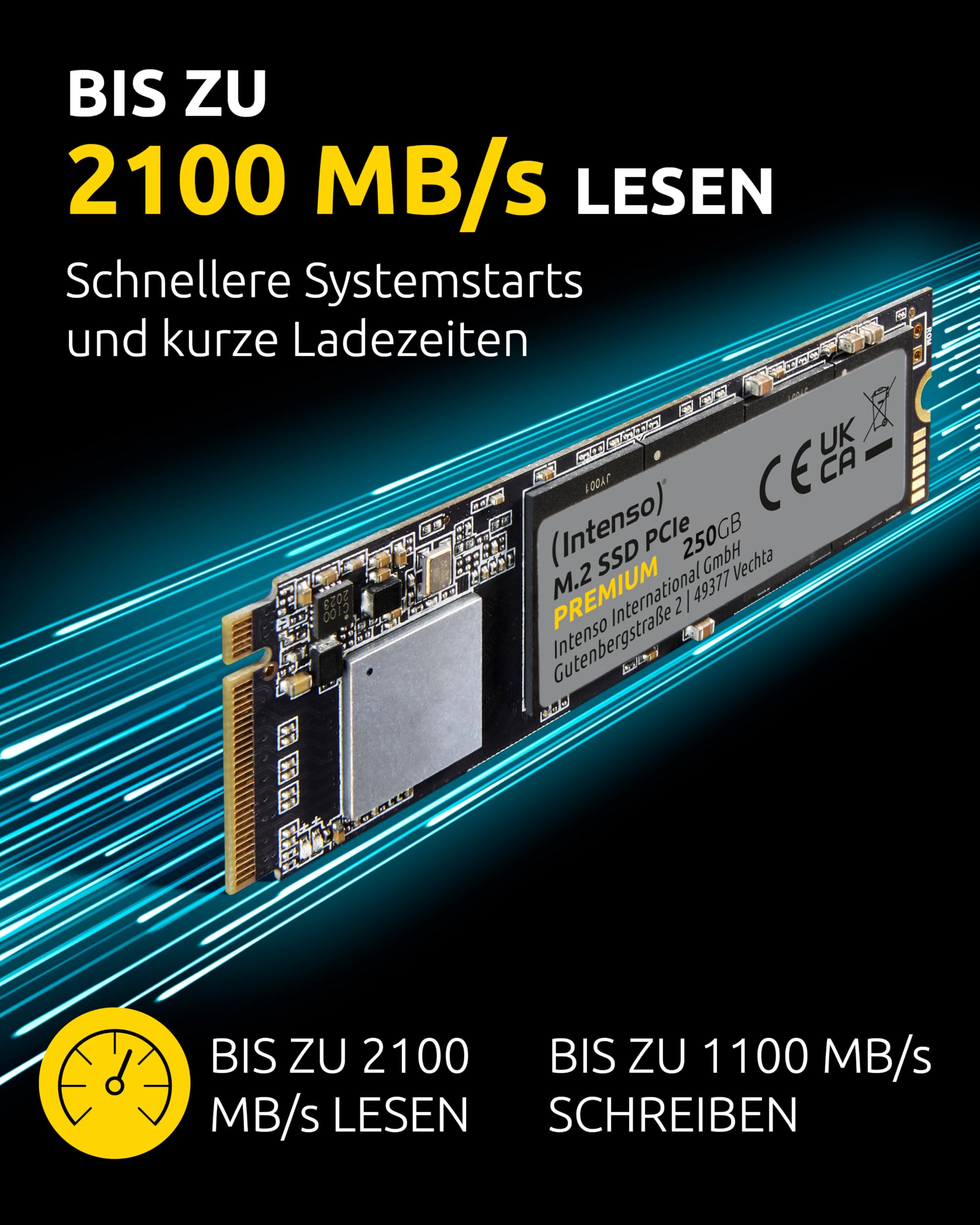 Intenso 250GB M.2 SSD PCIe Premium, bis zu 2100 MB/s, (PCI Express Gen.3x4 NVMe 1.3, Solid State Drive)